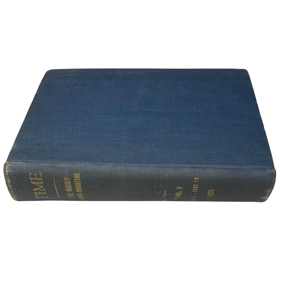 Top view of a blue hardcover book, showcasing the title 'Time' and 'Volume V 1925,' part of the Time Magazine Bound Weekly January to June 1925 collection.