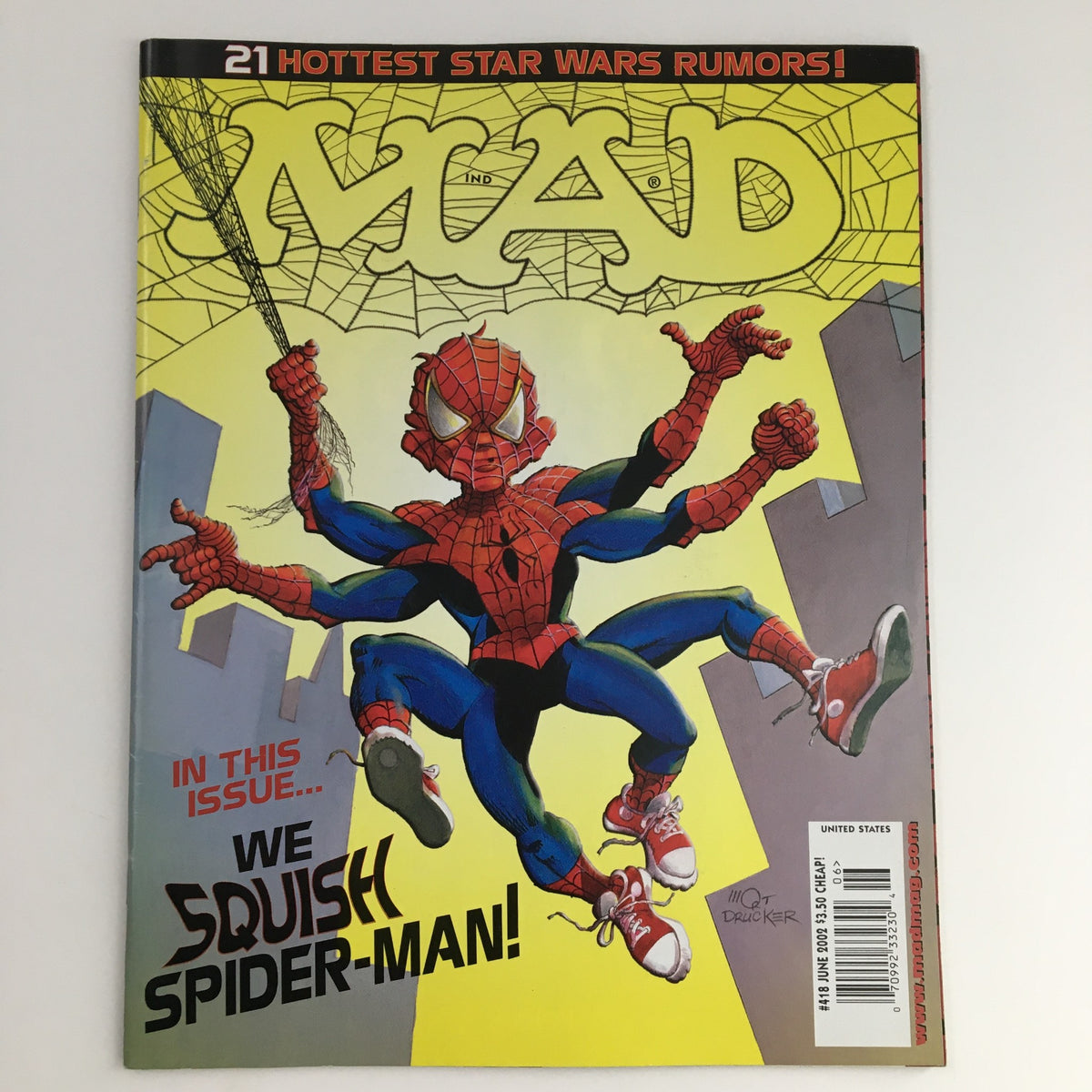 Mad Magazine June 2002 #418 featuring a playful Spider-Man cover, showcasing a humorous artistic interpretation, highlighting the theme 'We Squish Spider-Man!'.