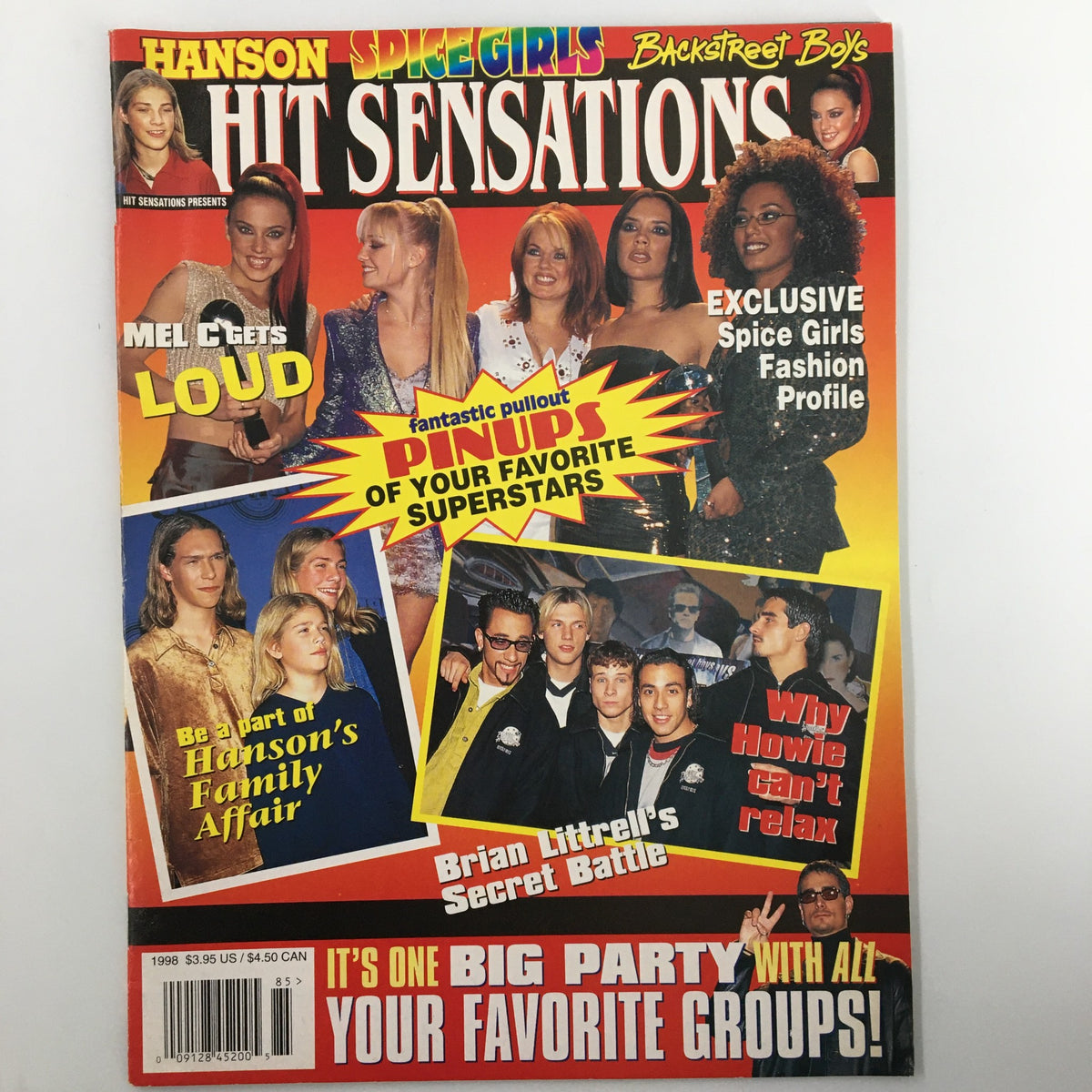 Hit Sensations Magazine 1998 featuring the Spice Girls, Backstreet Boys, and Hanson on the cover. Showcasing vibrant colors and exciting headlines, this magazine captures the essence of late 90s pop culture.