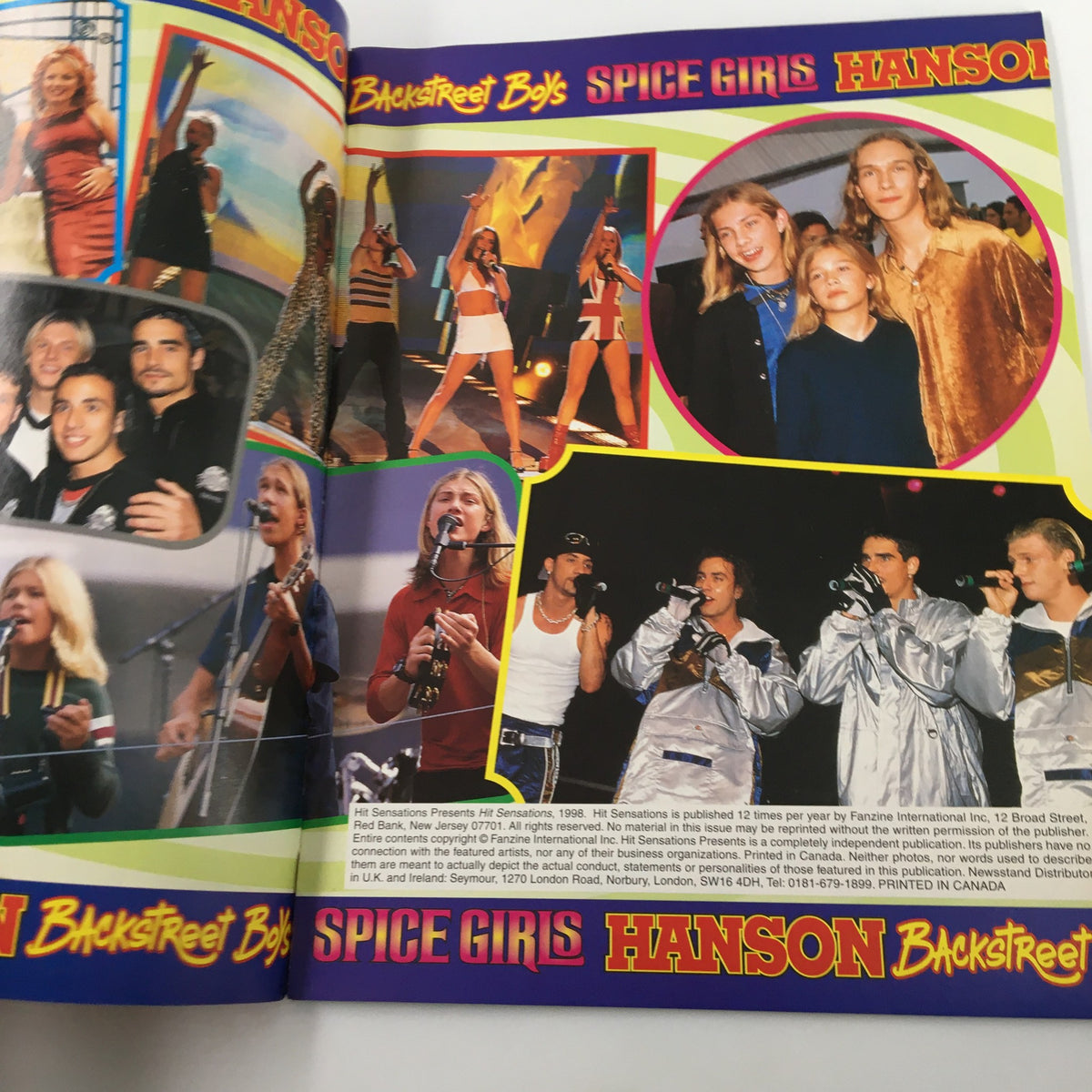 Hit Sensations Magazine 1998 featuring Spice Girls, Backstreet Boys, and Hanson, showcasing colorful images from their performances and iconic moments.