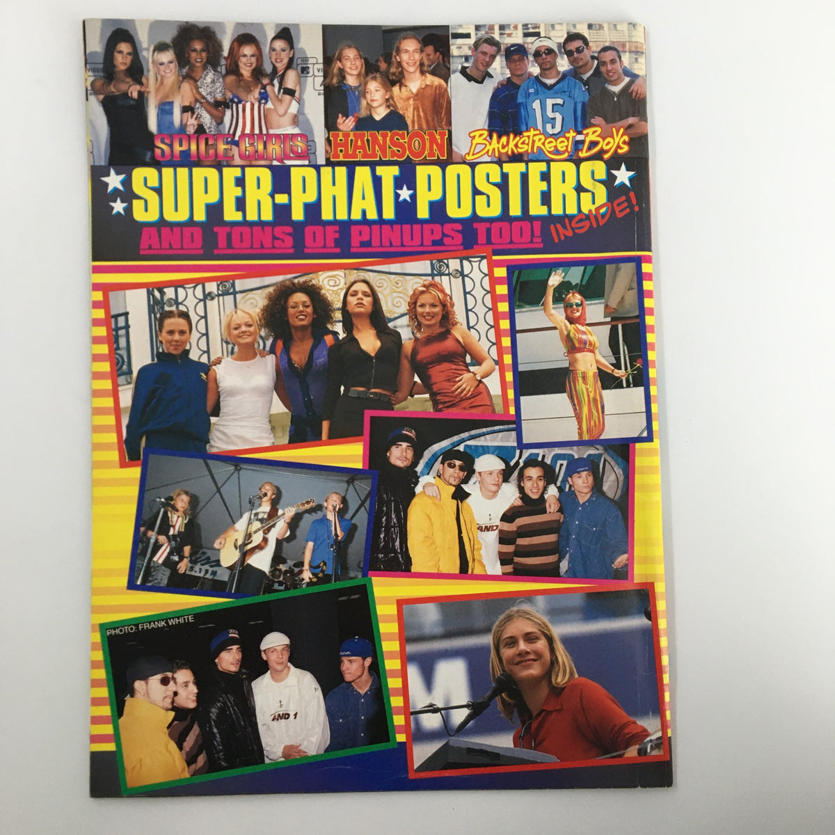 Hit Sensations Magazine 1998 showcasing Spice Girls, Backstreet Boys, and Hanson with vibrant graphics, highlighting their poster features and memorable photographs from the era.