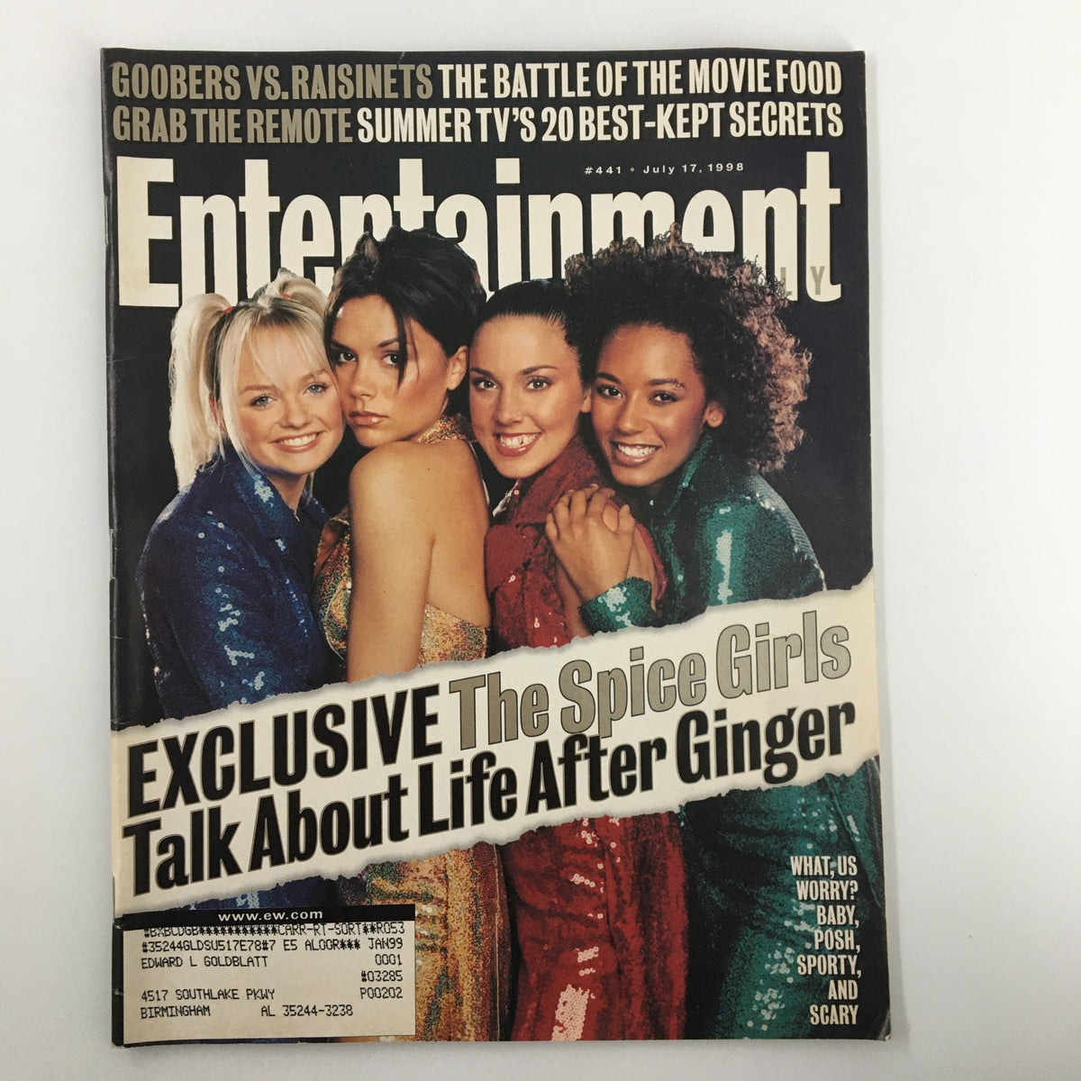 Entertainment Magazine, July 17, 1998: The Spice Girls Talk About Life After Ginger, featuring a colorful cover with the four remaining members of the group.