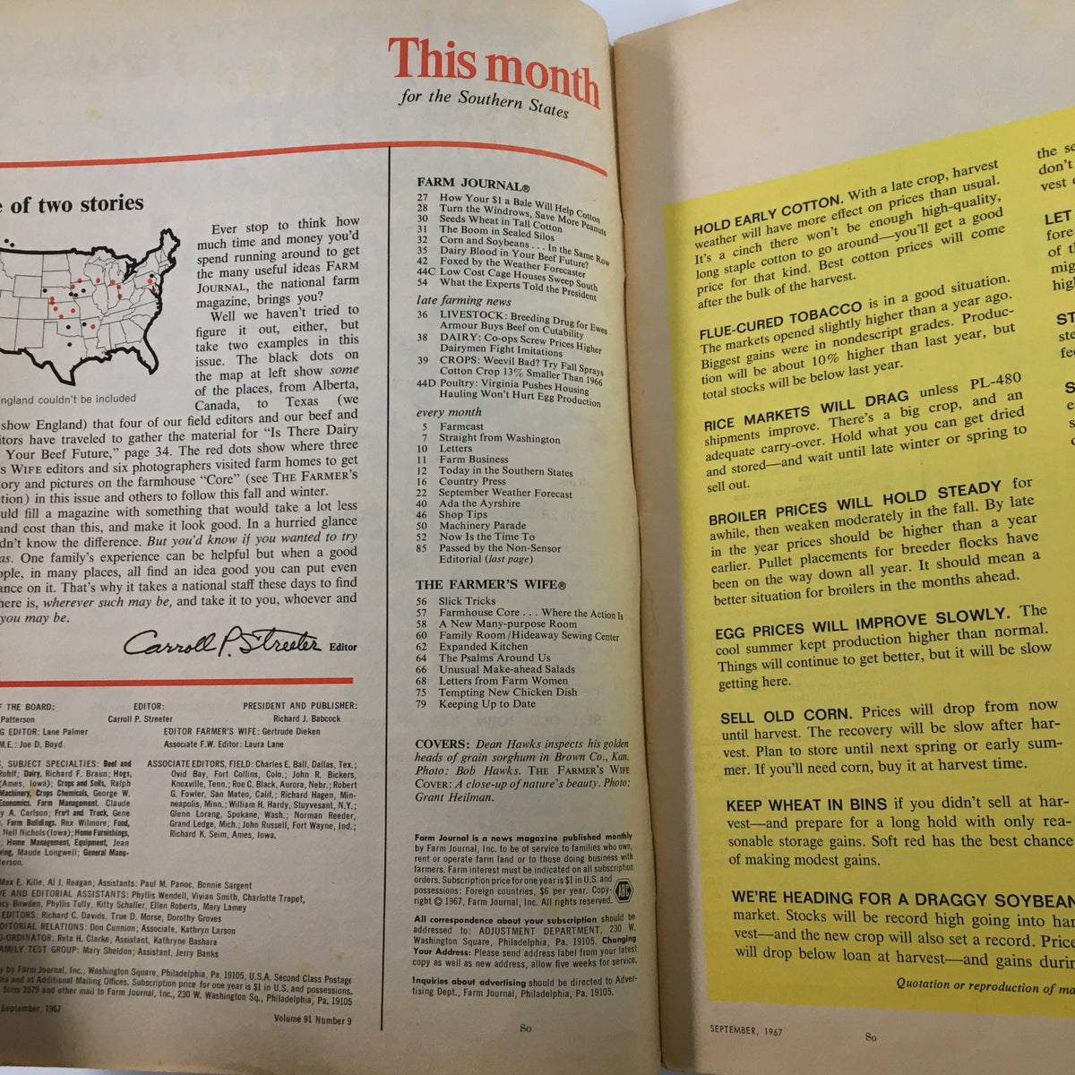 Inside of the VTG Farm Journal Magazine September 1967 displaying contents and discussions on agricultural practices for southern states.
