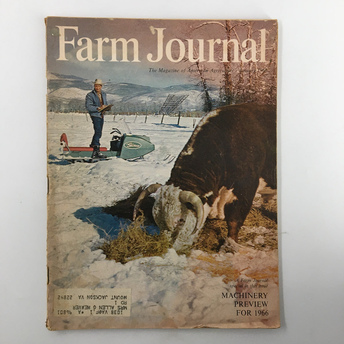 Cover of VTG Farm Journal Magazine January 1966, showcasing a snowy agricultural scene with a farmer, a snowmobile, and a sheep, emphasizing the Machinery Preview for The Year 1966.