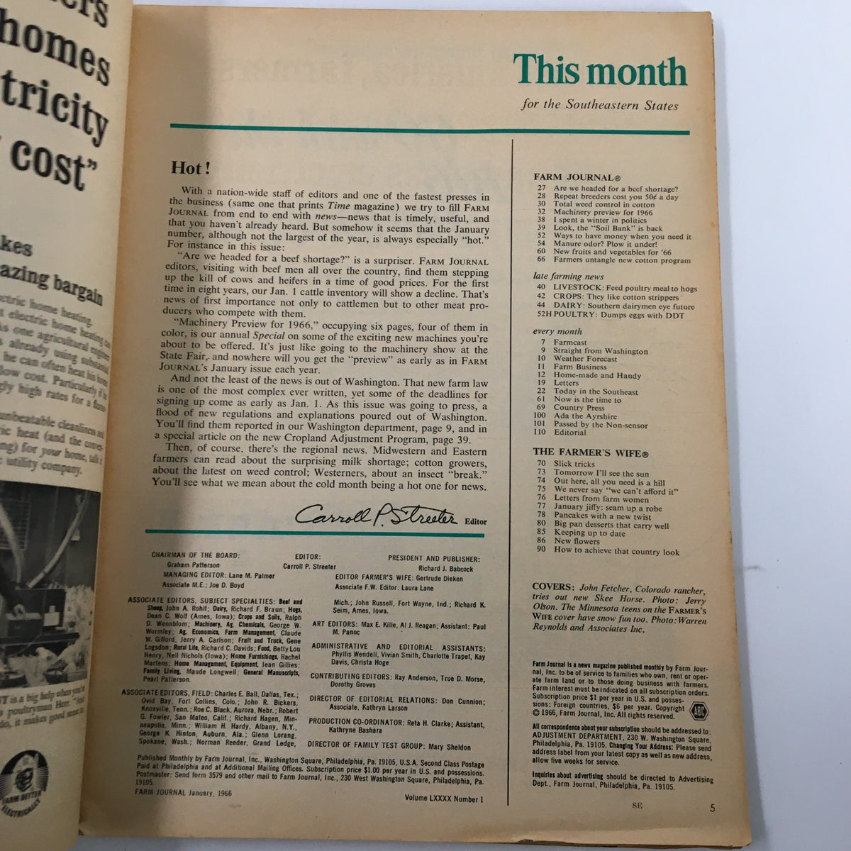 Internal page from VTG Farm Journal Magazine January 1966, featuring the editorial section and contents overview, highlighting notable features and articles for the Machinery Preview for The Year 1966.