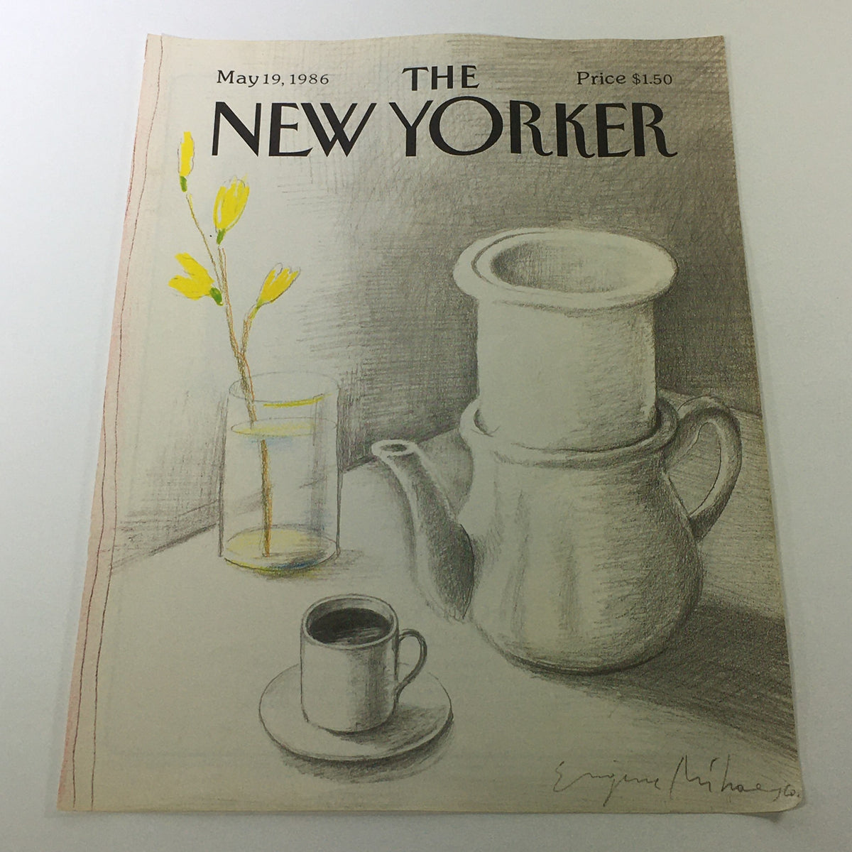 The New Yorker Magazine cover from May 19, 1986, featuring a pastel illustration by Eugene Mihaesco, showcasing a teapot, cup, and flowers.