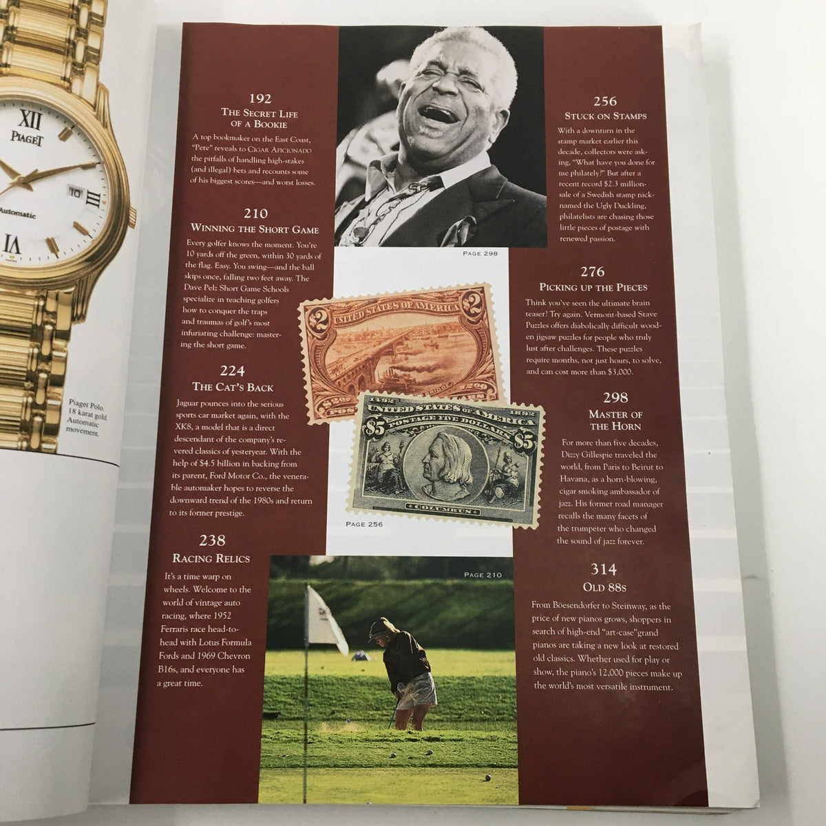 Cigar Aficionado Magazine May 1997 featuring various articles, including 'The Secret Life of a Booker', 'Winning the Short Game', and 'Stuck on Stamps', with images of vintage stamps and a golfing scene.
