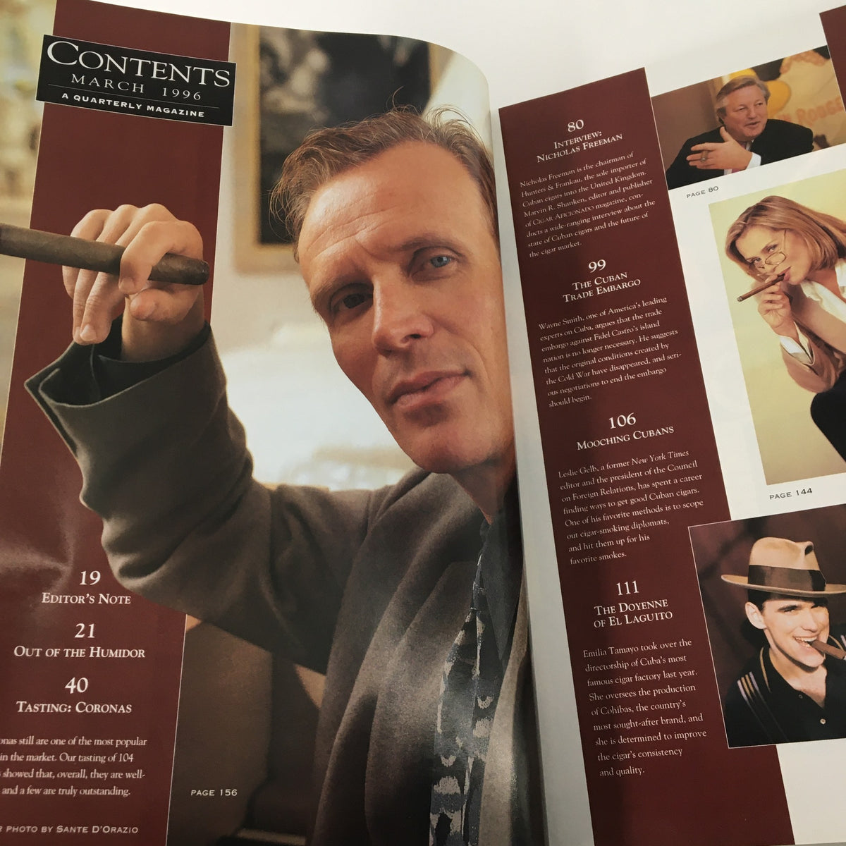 An interior view of Cigar Aficionado Magazine Spring 1996 detailing the contents including interviews and tasting notes, emphasizing the cigar culture and lifestyle featured within.