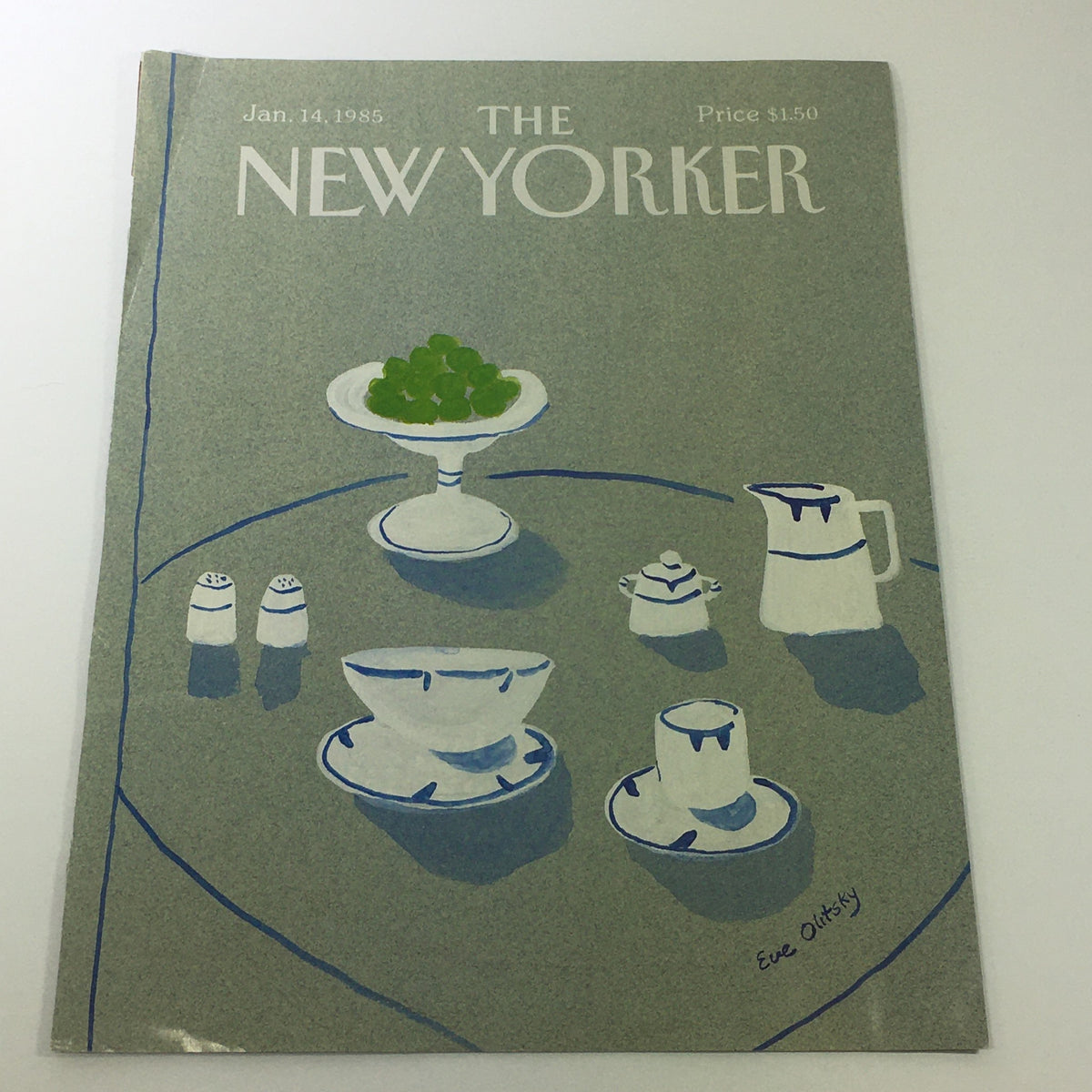 The New Yorker Magazine Cover January 14 1985 featuring artwork by Eve Olitsky showcasing a still life of green grapes and tableware.
