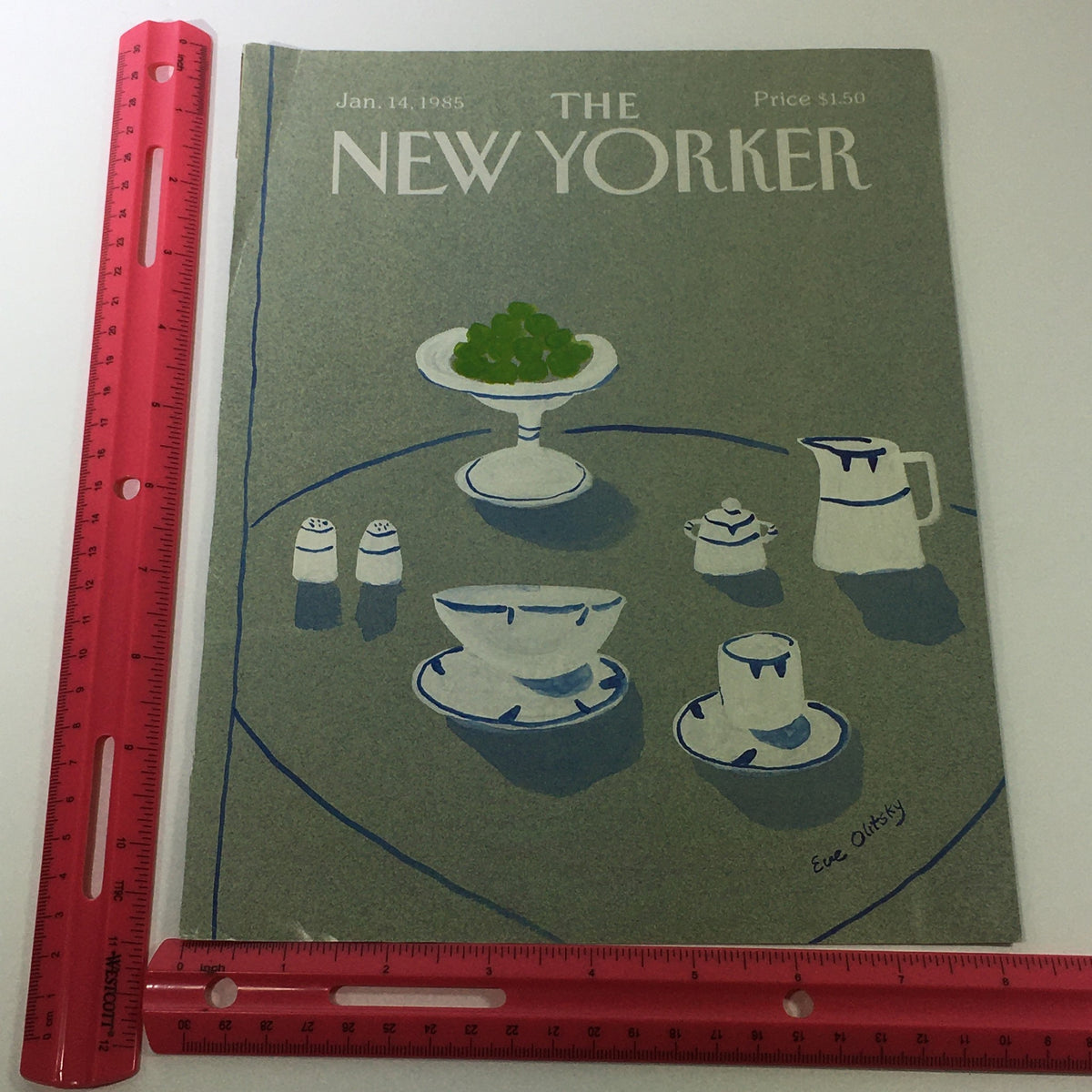 The New Yorker Magazine Cover January 14 1985 with a ruler for size reference, featuring artwork by Eve Olitsky of tableware.