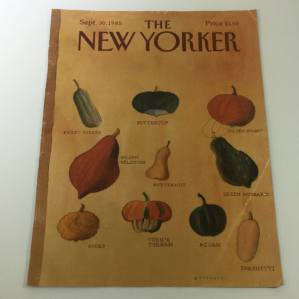 Cover of The New Yorker Magazine, dated September 30, 1985, featuring various illustrations of vegetables including sweet potato, buttercup, and acorn, designed by Abel Quezada.