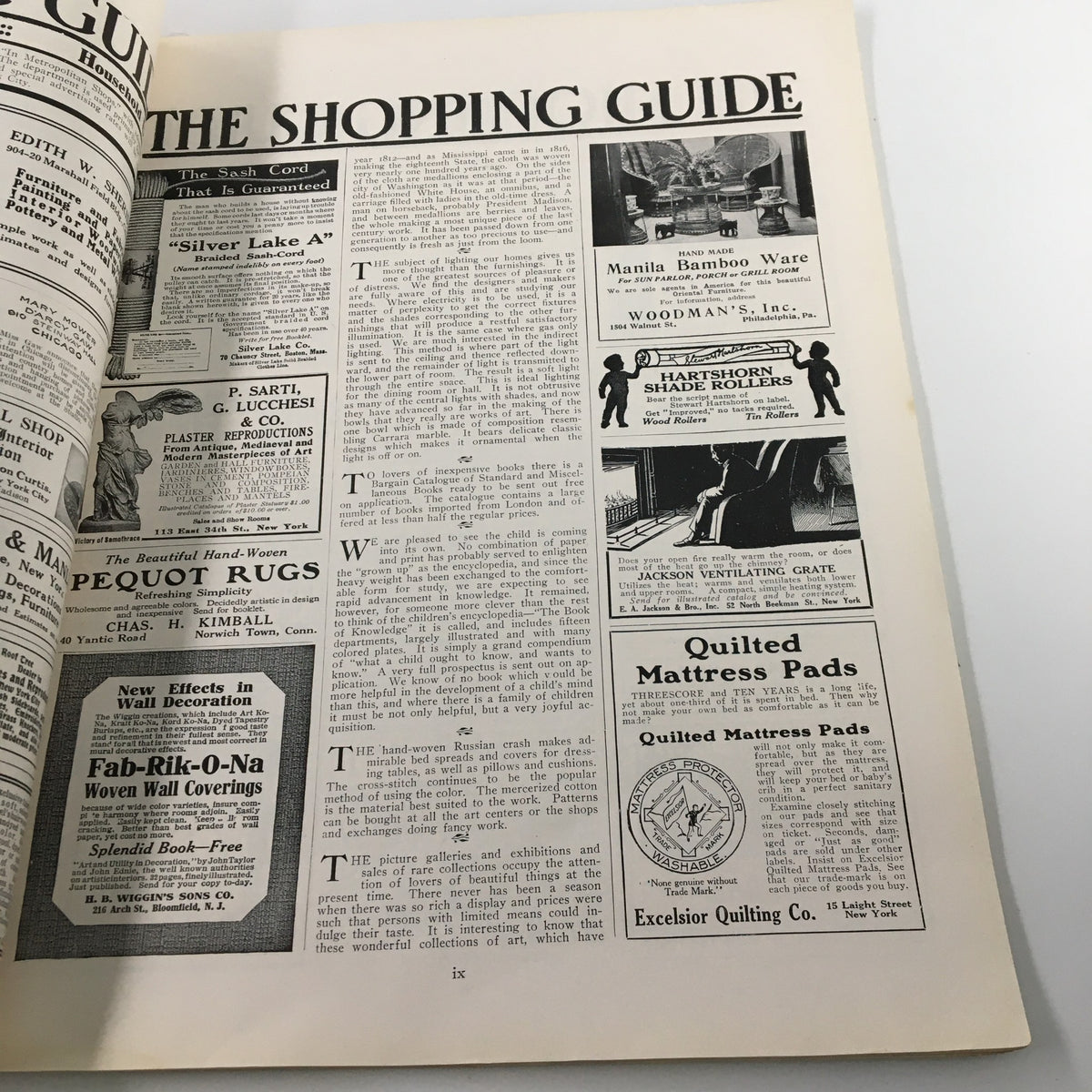 Interior page of The House Beautiful Magazine June 1912 featuring The Shopping Guide section with various advertisements and product listings.