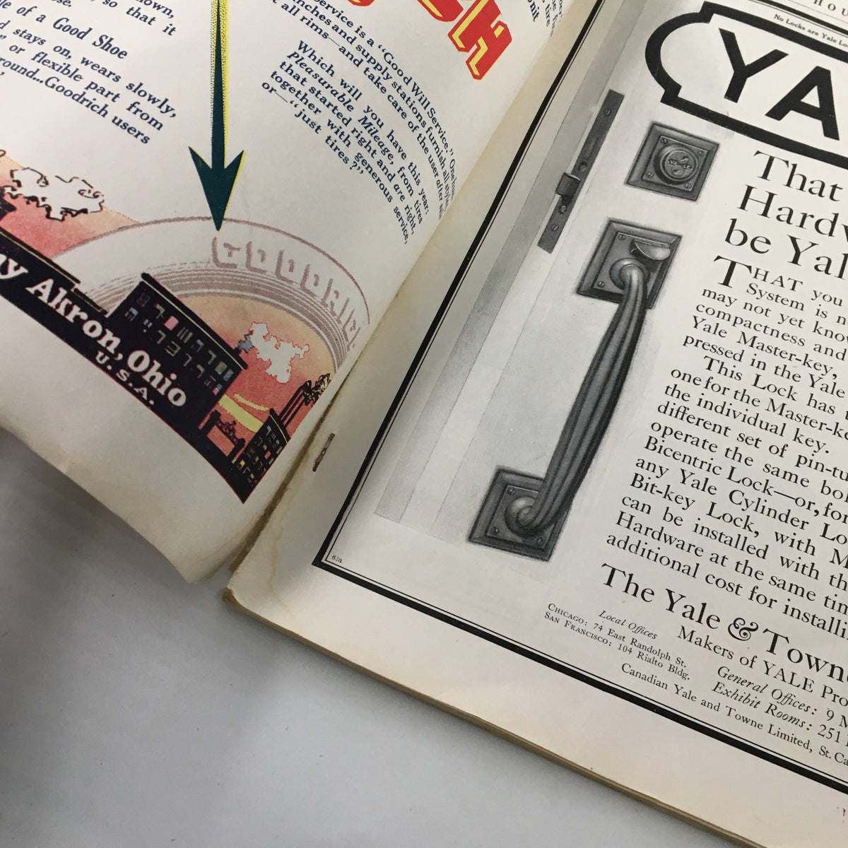 Detailed view of The House Beautiful Magazine June 1912 showcasing an advertisement for Yale hardware and a product description.
