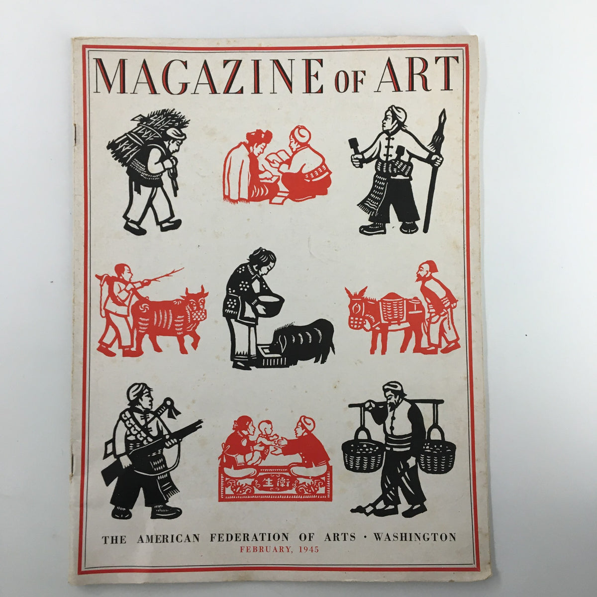 Cover of VTG Magazine of Art February 1945 Vol 38 #2 titled 'I Paint As I Please' featuring artistic illustrations in red and black, highlighting various cultural figures and scenes from post-war America.