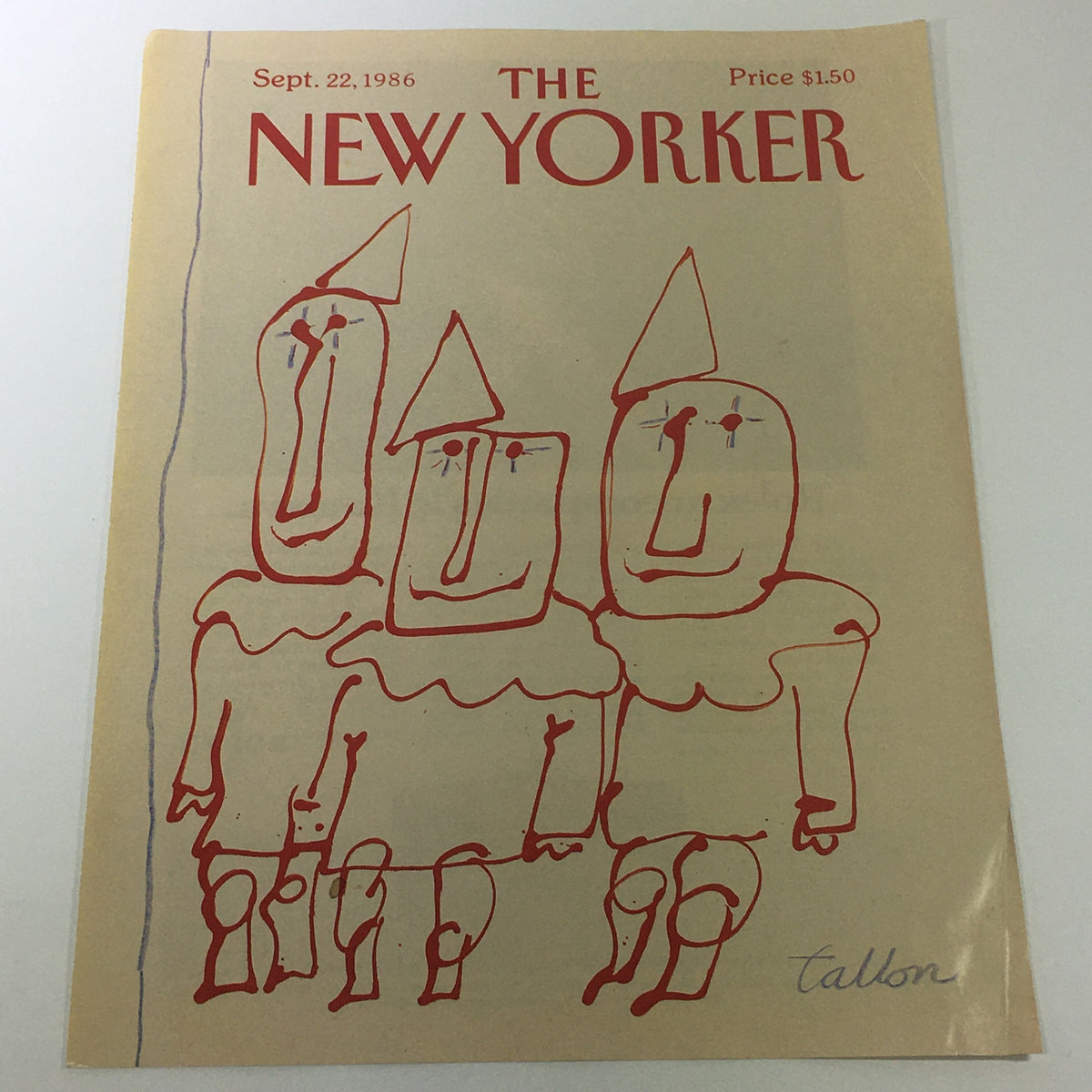 Cover only of The New Yorker Magazine from September 22, 1986, featuring a whimsical illustration by Robert Tallon, depicting three playful figures with exaggerated faces and hats. Perfect for collectors of vintage magazine art.