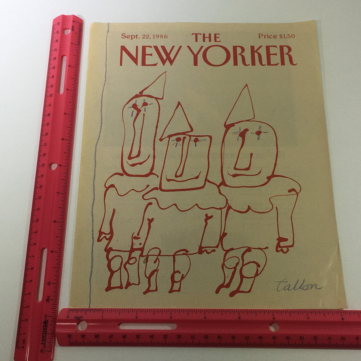 Full view of The New Yorker Magazine cover dated September 22 1986 designed by Robert Tallon, featuring whimsical characters in red outline on a beige background with a ruler for size reference.