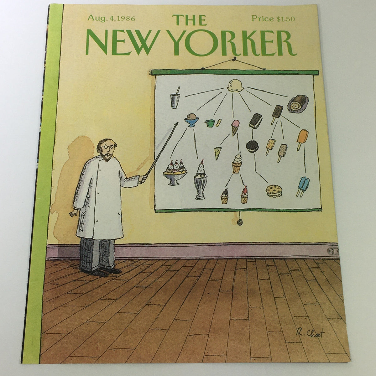 Cover of The New Yorker Magazine from August 4, 1986 featuring a whimsical illustration by Roz Chast, depicting a man presenting a diagram of various desserts and ice cream options.