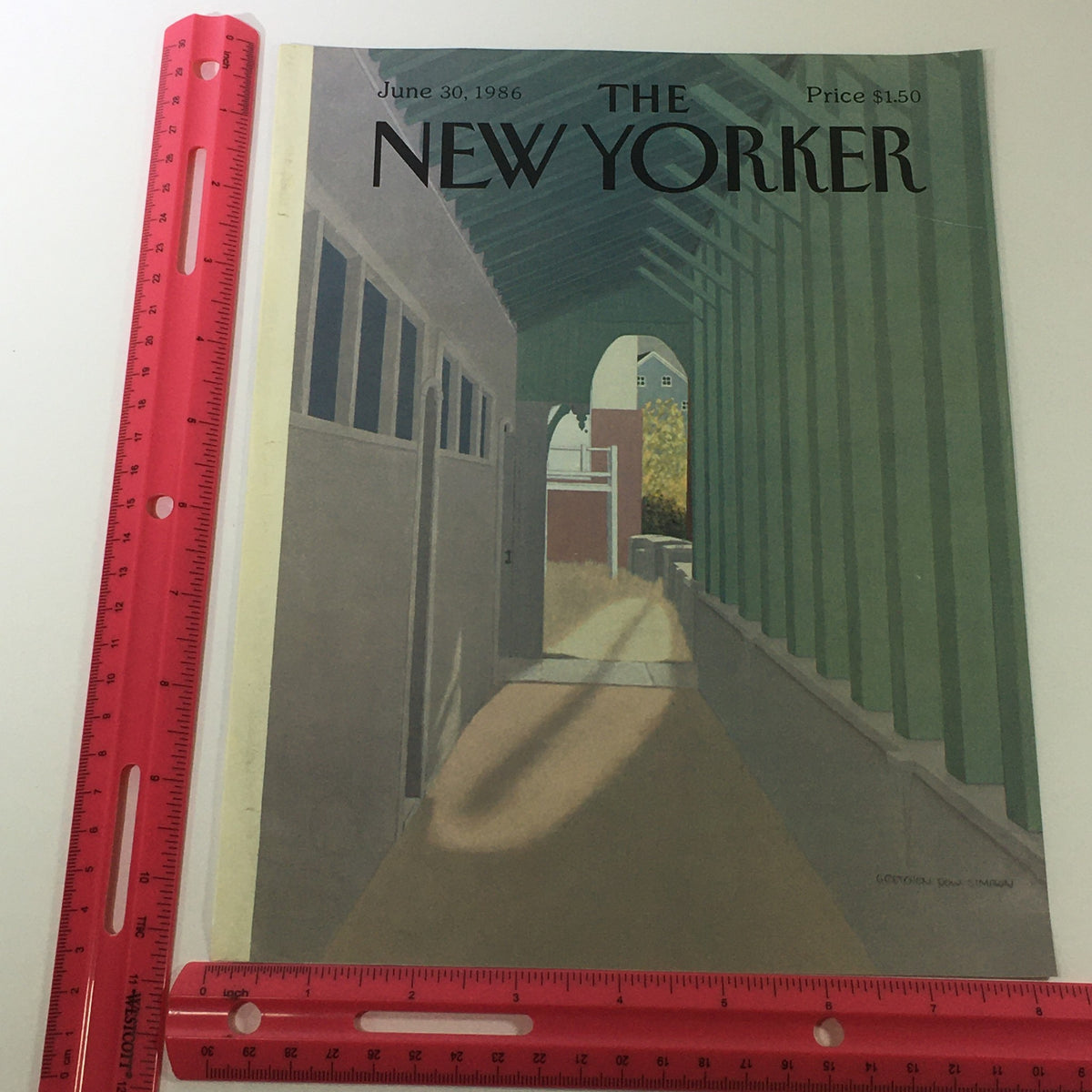 Close-up of the Cover of The New Yorker Magazine from June 30, 1986 with a ruler for scale, featuring Gretchen Dow Simpson's artwork of a corridor and green beams.