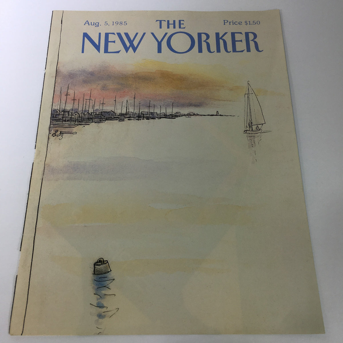 Cover of The New Yorker Magazine from August 5, 1985, featuring an illustration of a harbor with sailboats, showcasing the artwork of Arthur Getz.