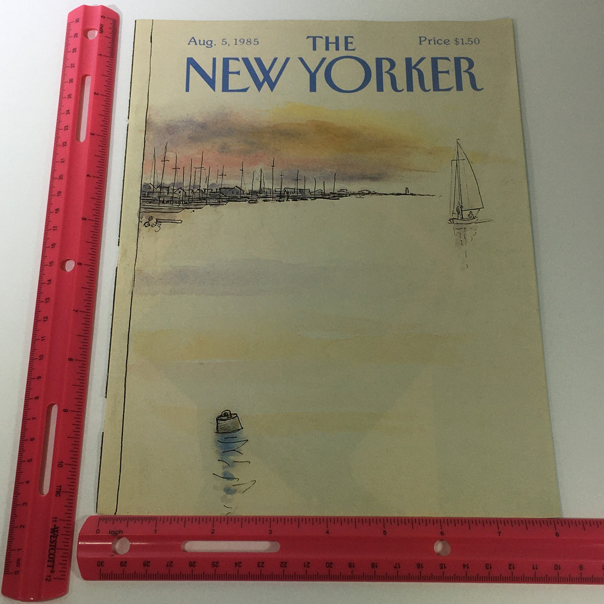 Close-up of The New Yorker Magazine cover dated August 5, 1985, with a pink ruler for size reference, depicting a marine scene by Arthur Getz.