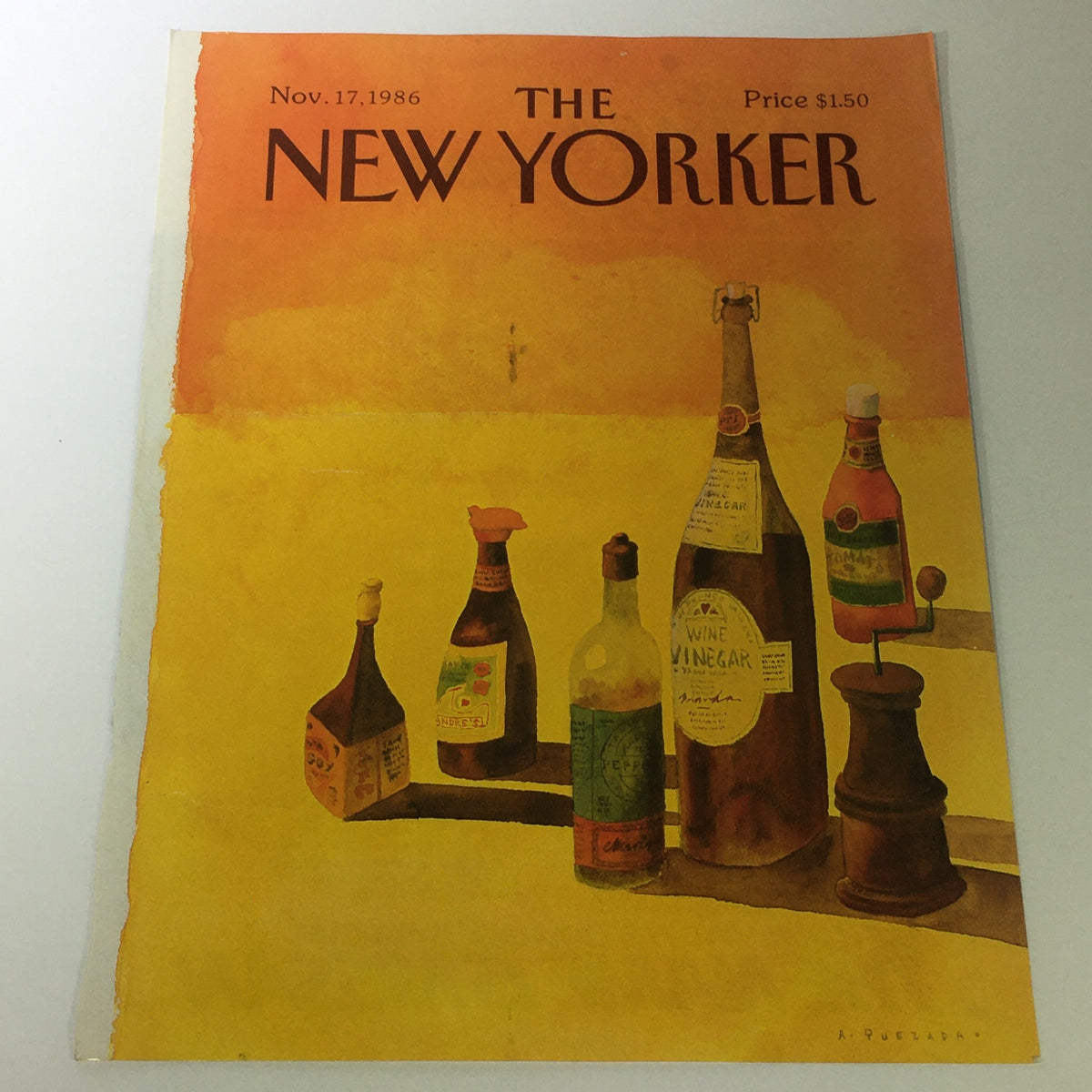 The New Yorker Magazine cover dated November 17, 1986, featuring a colorful illustration of various bottles on a table, created by artist Abel Quezada.