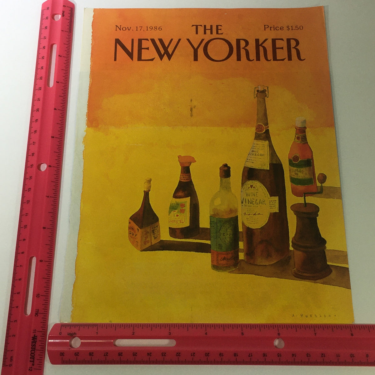 The New Yorker Magazine cover from November 17, 1986, showcasing an artistic depiction of several bottles against a vibrant yellow background, designed by Abel Quezada.