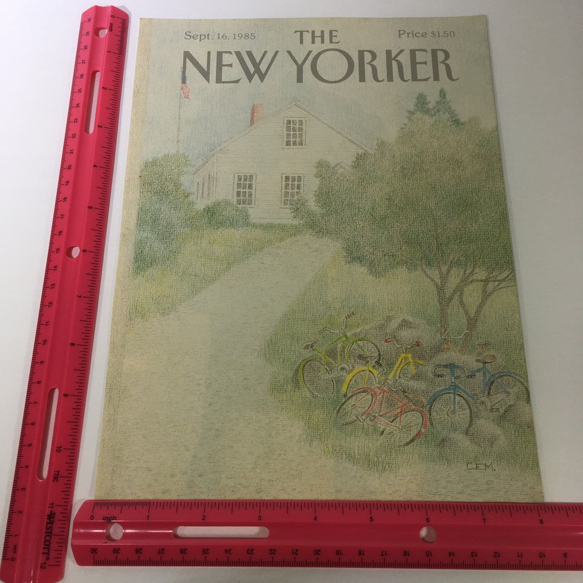 Cover of The New Yorker Magazine dated September 16, 1985, with a ruler for size reference, showcasing artwork by Charles E. Martin depicting bicycles and a house.