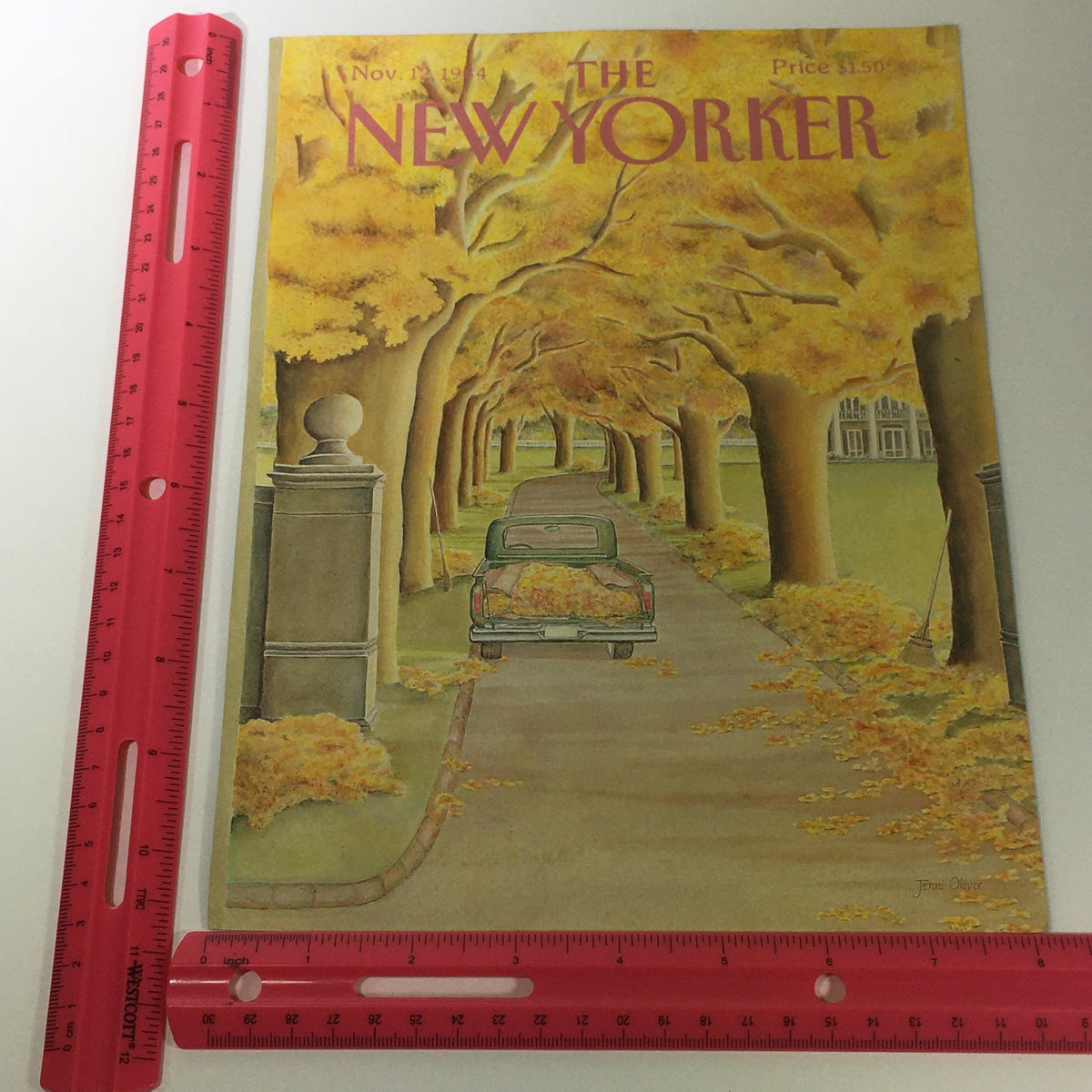 The New Yorker Magazine Cover - November 12 1984, showcasing an autumn landscape with a vintage car surrounded by fallen leaves, accompanied by a ruler for size reference, illustrated by Jenni Oliver.