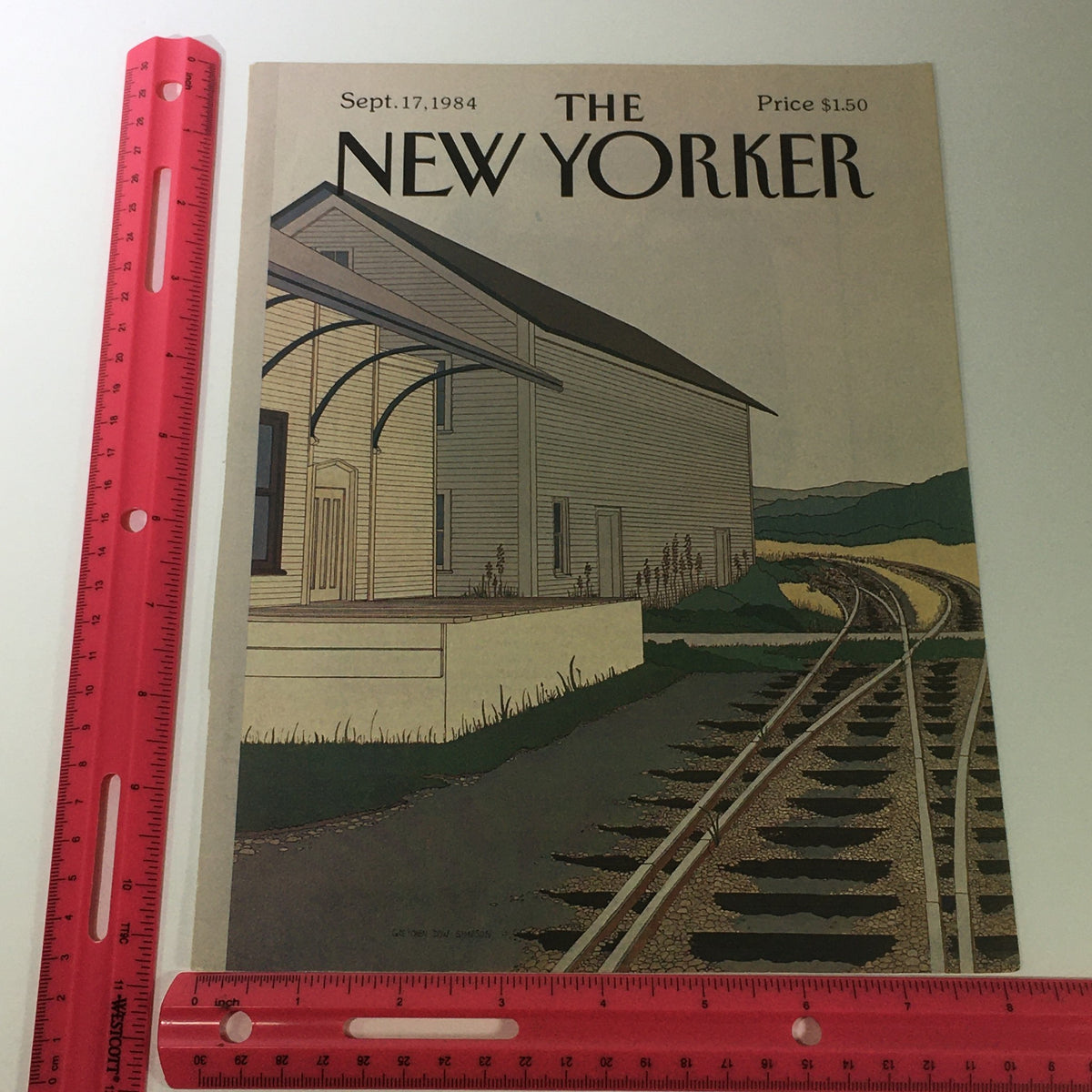 Cover of The New Yorker Magazine from September 17, 1984, featuring artwork by Gretchen Dow Simpson. The illustration depicts a train track leading to a house, highlighting the 1980s style of the publication.