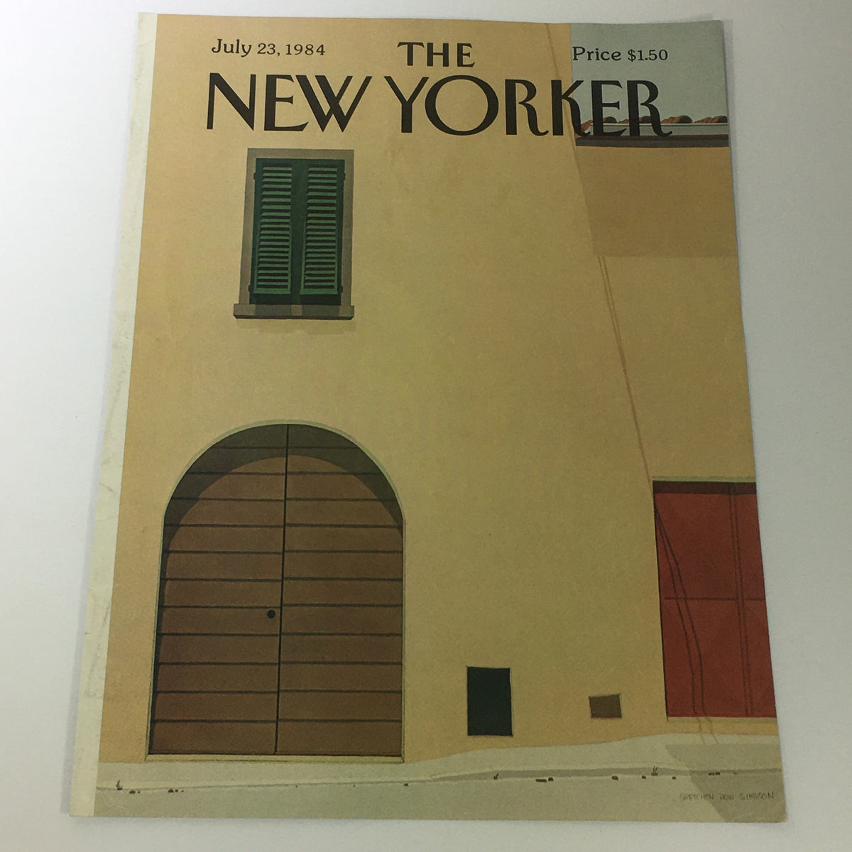 Cover of The New Yorker Magazine dated July 23, 1984, designed by Gretchen Dow Simpson, featuring an artistic depiction of a building with a wooden door and a green window.