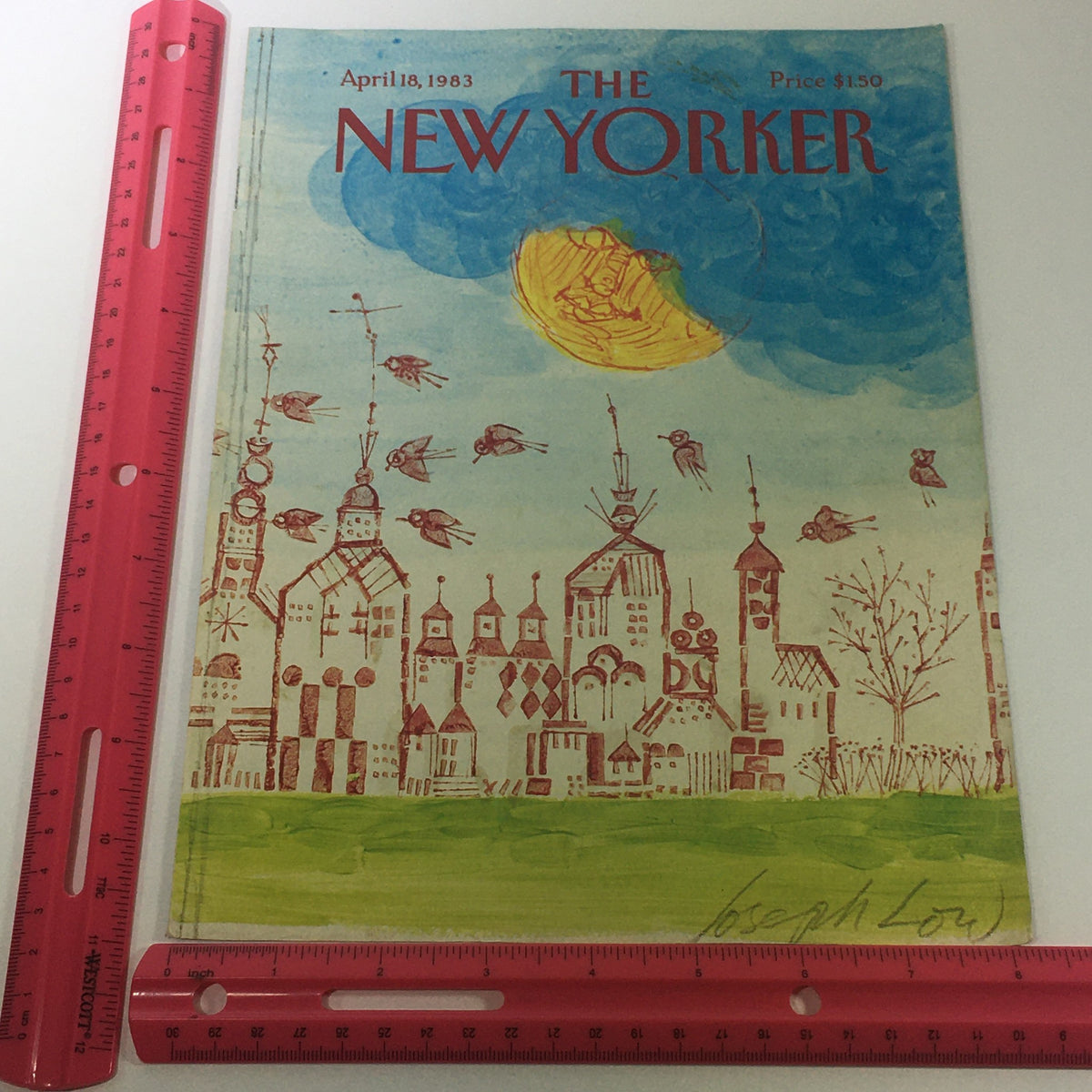 The New Yorker Magazine cover from April 18, 1983, by Joseph Low, displayed with a ruler for size reference.