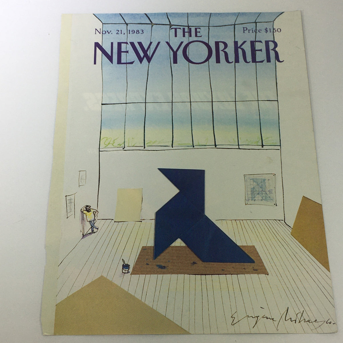 Cover of The New Yorker Magazine dated November 21, 1983, featuring artwork by Eugene Mihaesco, depicting a spacious gallery with an abstract sculpture and a figure.