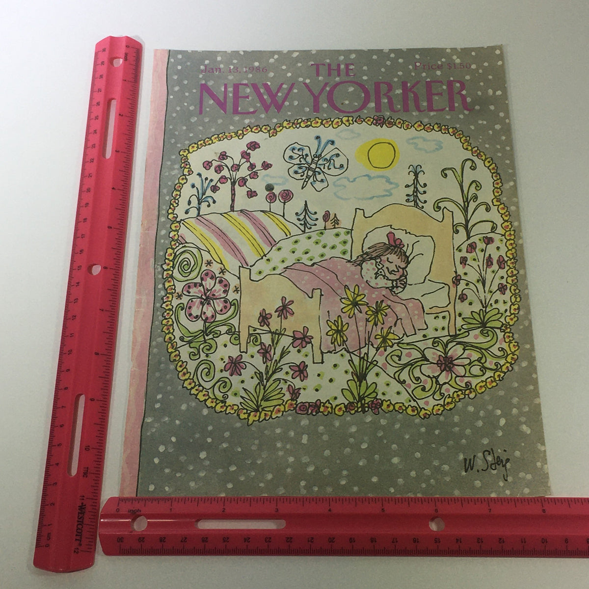 Cover of The New Yorker Magazine, January 13, 1986, showcasing William Steig's colorful illustration of a sleeping child surrounded by vibrant flowers, with a ruler for size reference.