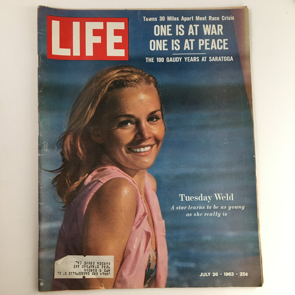 Cover of Life Magazine from July 26, 1963, featuring actress Tuesday Weld with the headline '100 Gaudy Years at Saratoga'. The magazine showcases vibrant photography and nostalgic Americana.