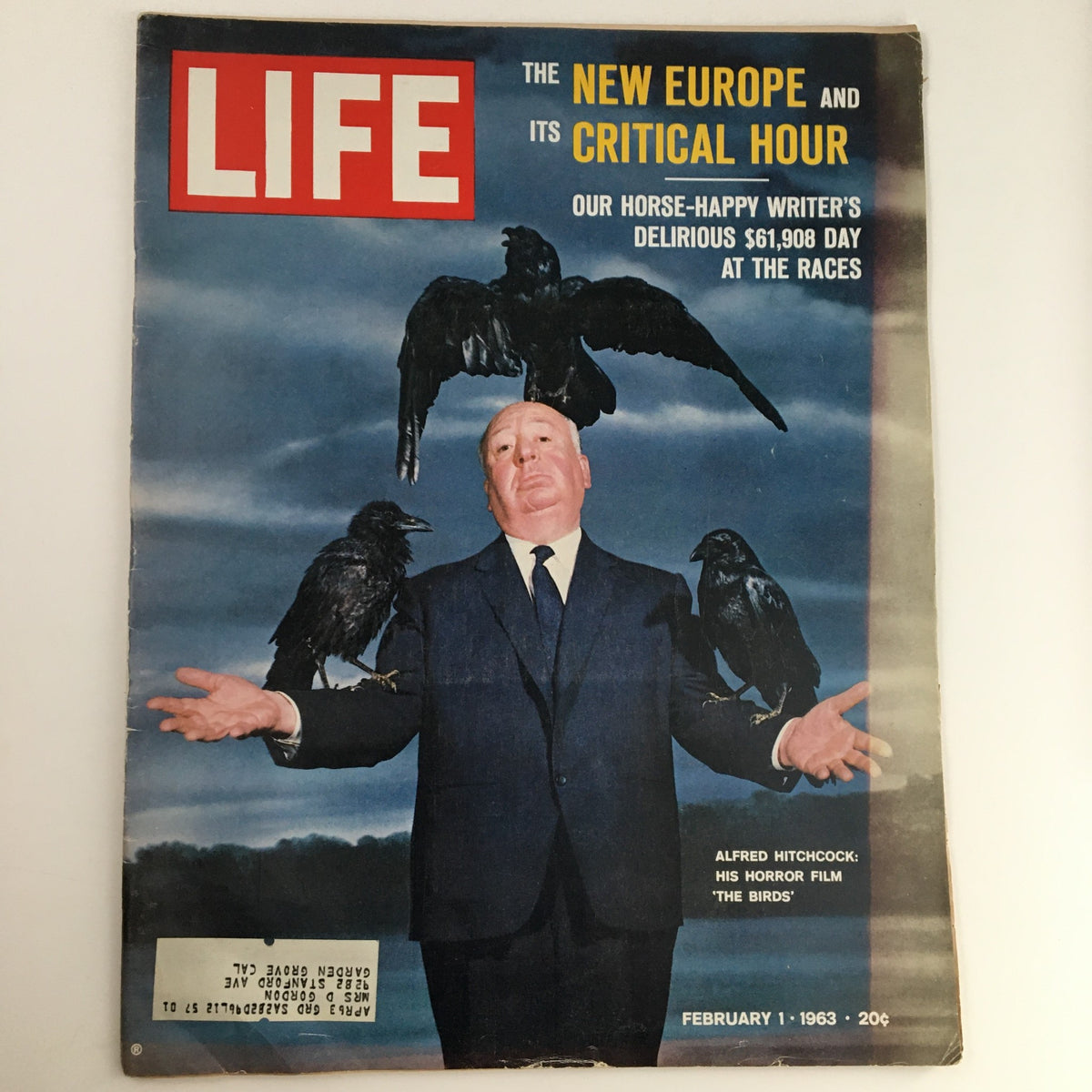 Cover of Life Magazine February 1, 1963, featuring Alfred Hitchcock with crows, highlighting the theme 'The New Europe and Its Critical Hour'.
