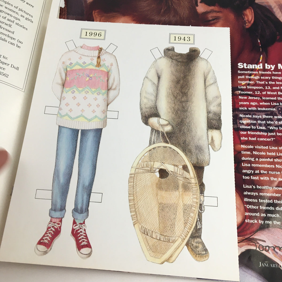Page layout from American Girl Magazine January 1996 displaying dolls' outfits from 1996 and 1943, highlighting vintage fashion styles.