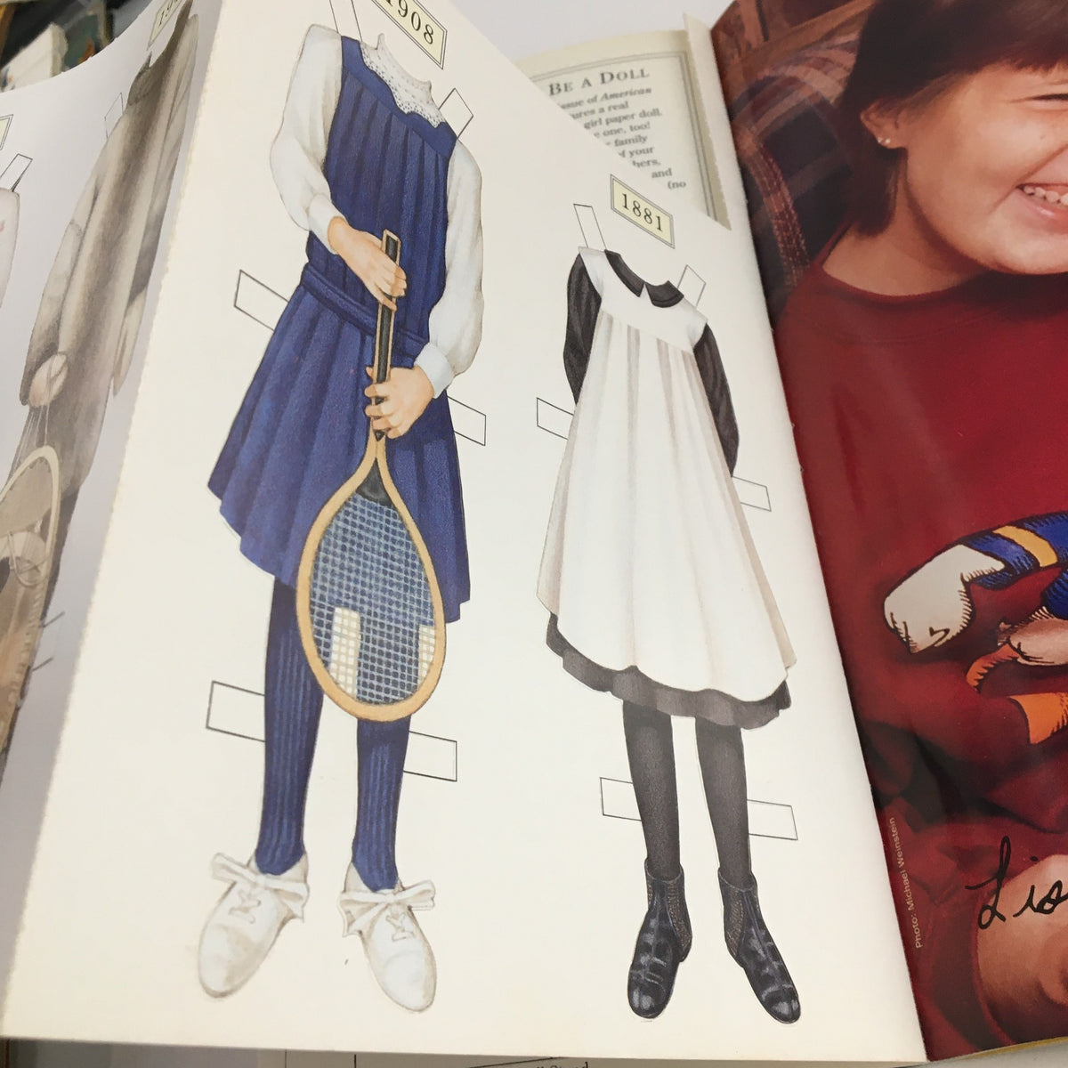 Vintage cutout dolls from the American Girl Magazine January 1996 featuring Taylor Norvell, with clothing illustrations from the 1900s and 1881.
