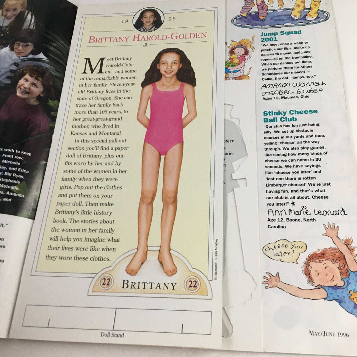 Inside page of American Girl Magazine May 1996 displaying a paper doll named Brittany Harold-Golden, showcasing articles and cutouts from the magazine with a focus on creativity and stories of remarkable women.