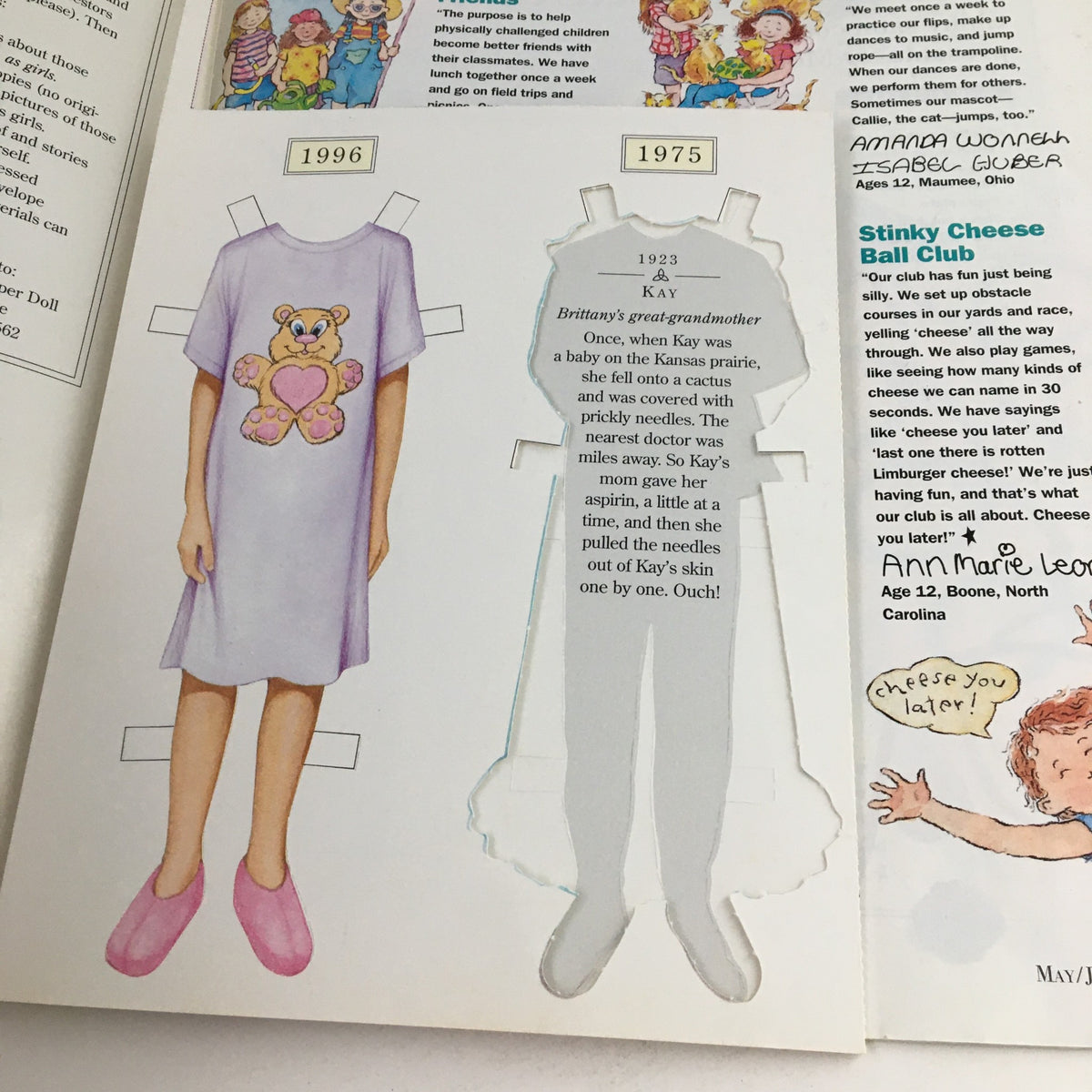 Cutout dolls from American Girl Magazine May 1996 featuring fashion from 1996 and 1975, showcasing creativity in children's activities with cutouts for hands-on fun.
