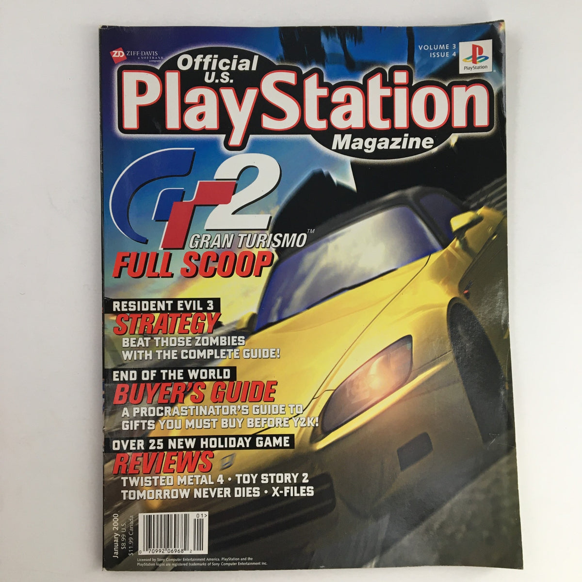 Cover of PlayStation Magazine January 2000 featuring Gran Turismo and Resident Evil, showcasing a yellow sports car with the title Gran Turismo Full Scoop.