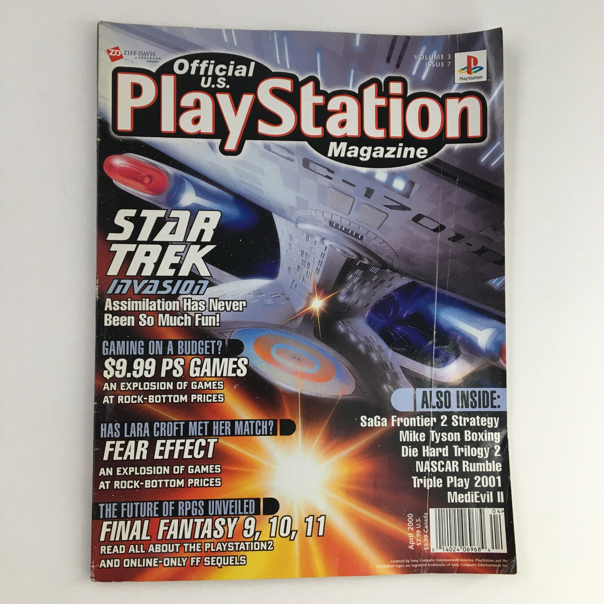 PlayStation Magazine April 2000 featuring Star Trek Invasion on the cover showcasing the iconic Starship Enterprise and gaming news highlights.