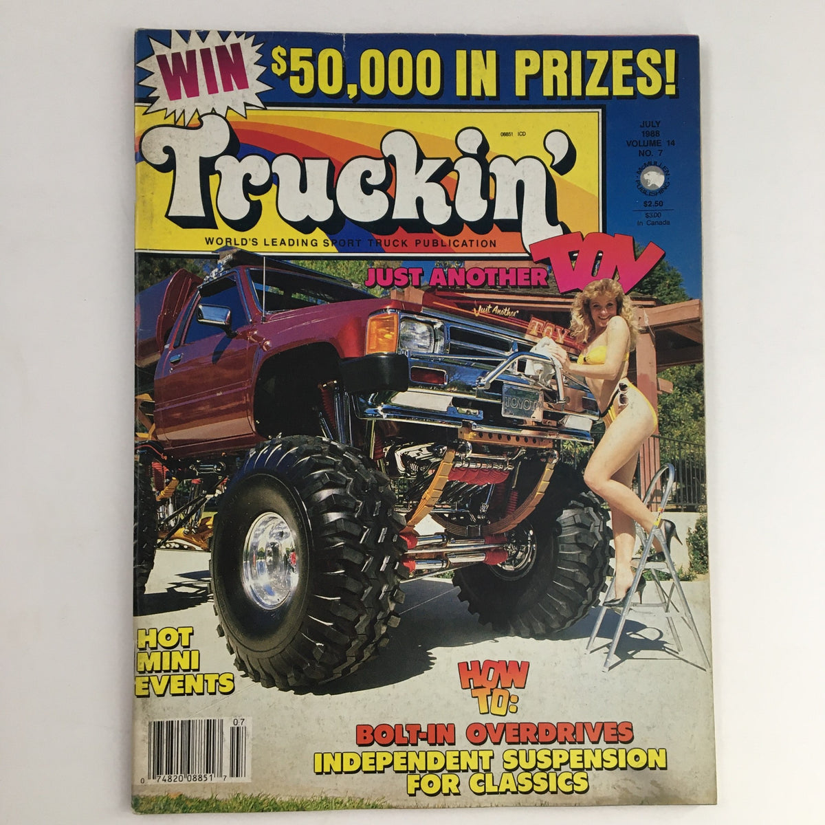 Cover of Truckin' Magazine July 1988 featuring a vibrant design with an off-road truck and a model. The title reads 'Truckin' - World's Leading Sport Truck Publication' along with the highlight 'Win $50,000 in Prizes!' This edition focuses on independent suspension for classic trucks.