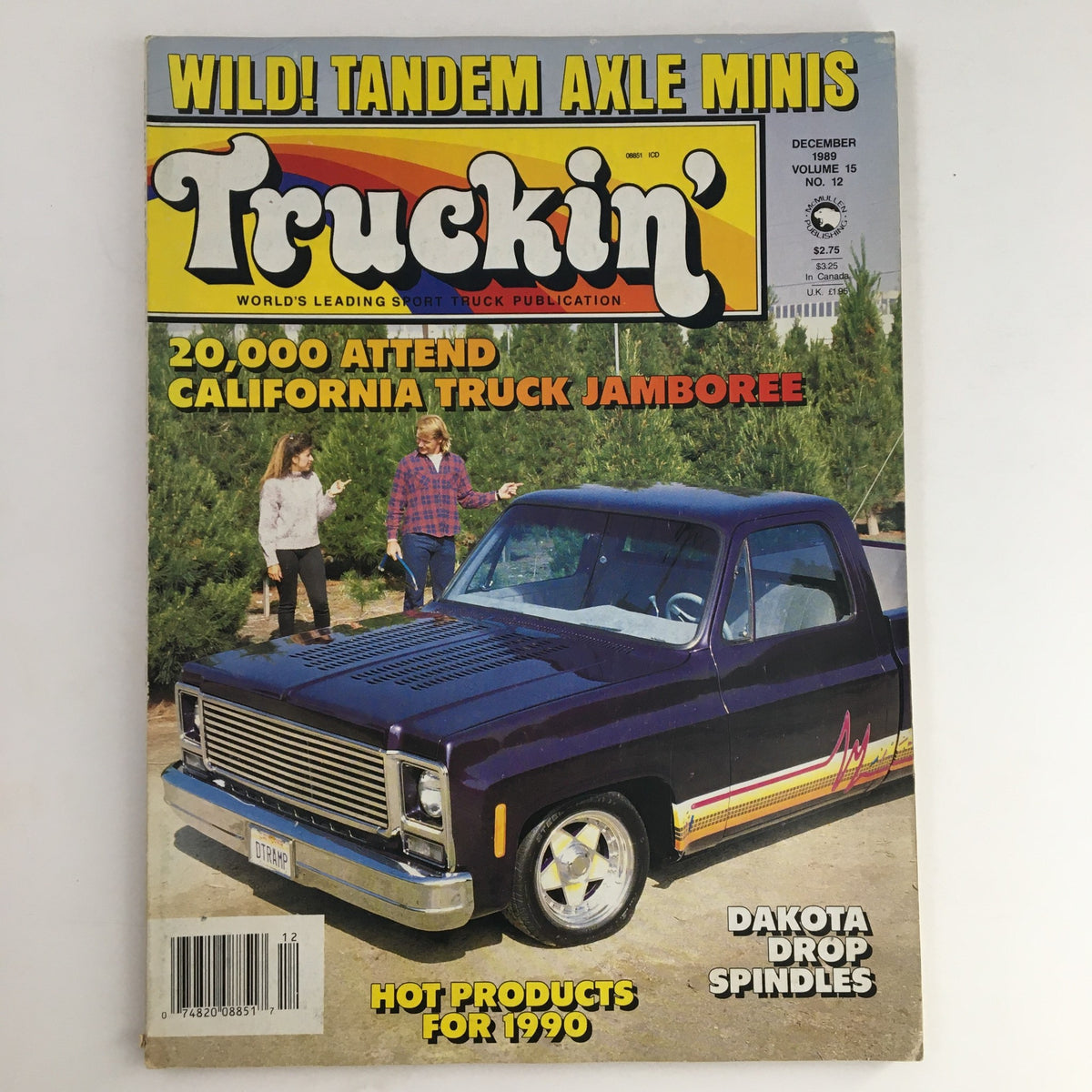 Cover of Truckin' Magazine December 1989, featuring the California Truck Jamboree, showcasing a classic purple truck with two women in a casual outdoor setting.