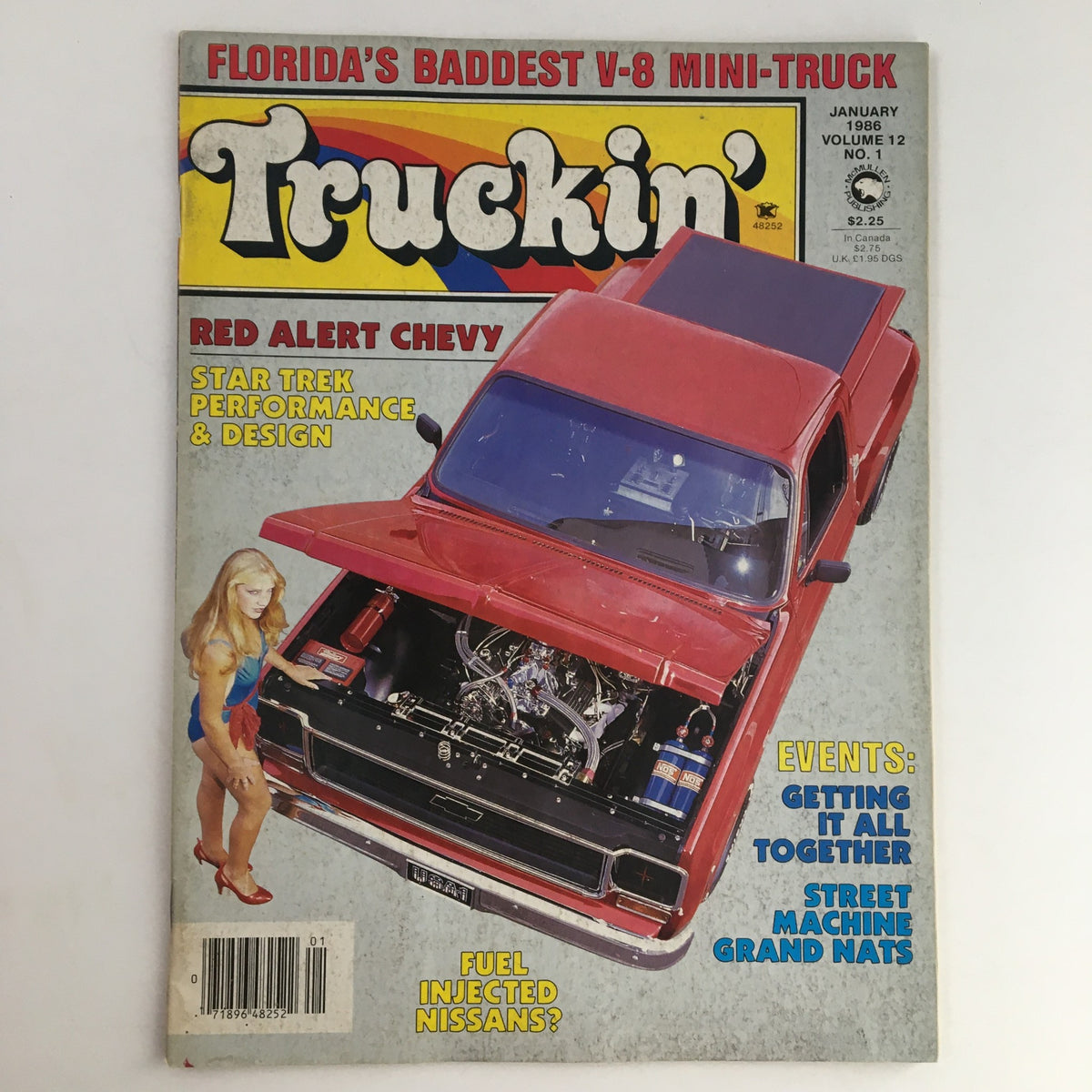 Cover of Truckin' Magazine January 1986 featuring Red Alert Chevy and Star Trek Performance, showcasing a vintage mini-truck with an open hood and a model posing beside it.