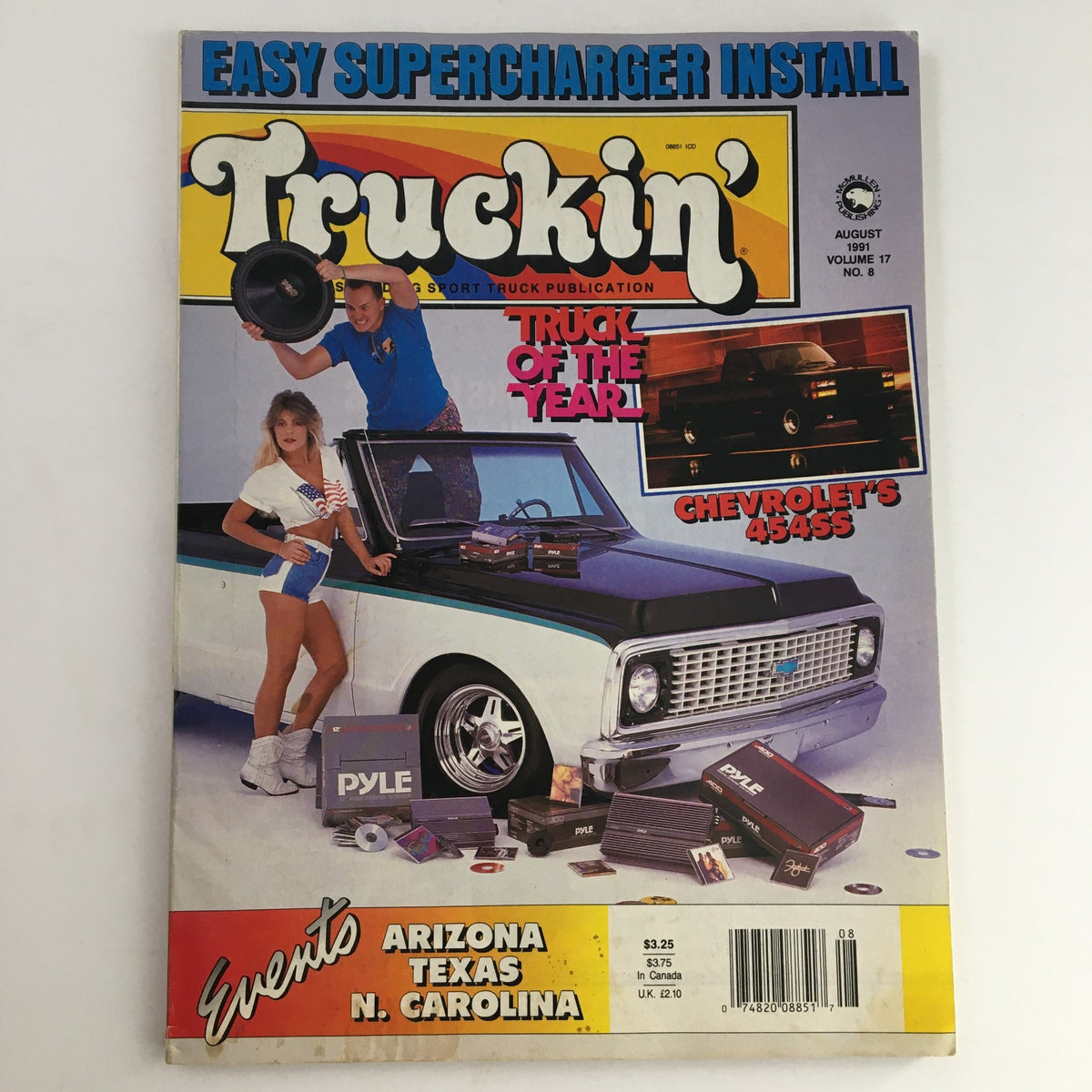 Cover of Truckin' Magazine August 1991 featuring Truck of the Year Chevrolet's 454SS, showcasing a vintage truck with a sporty appearance and promotional graphics.