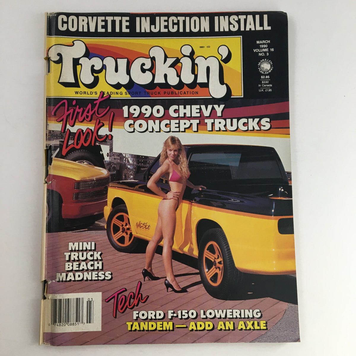 Truckin' Magazine March 1990 Cover featuring 1990 Chevy Concept Trucks and Ford F-150 Lowering techniques, showcasing vintage automotive culture with a model and colorful truck design.