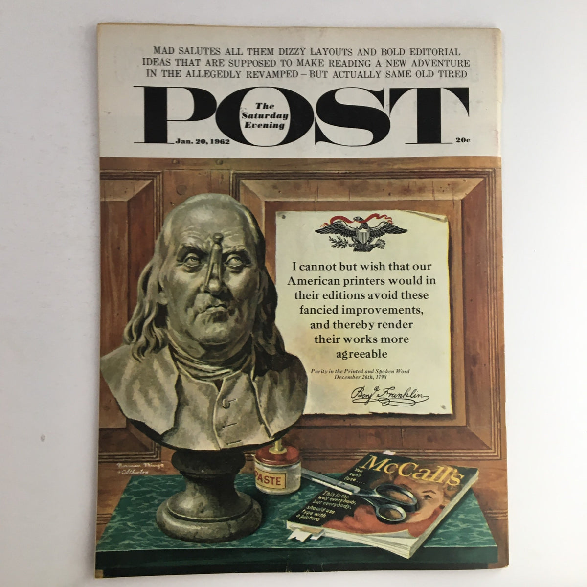 Cover of The Saturday Evening Post from January 20, 1962, featuring a bust of Benjamin Franklin and a humorous commentary.