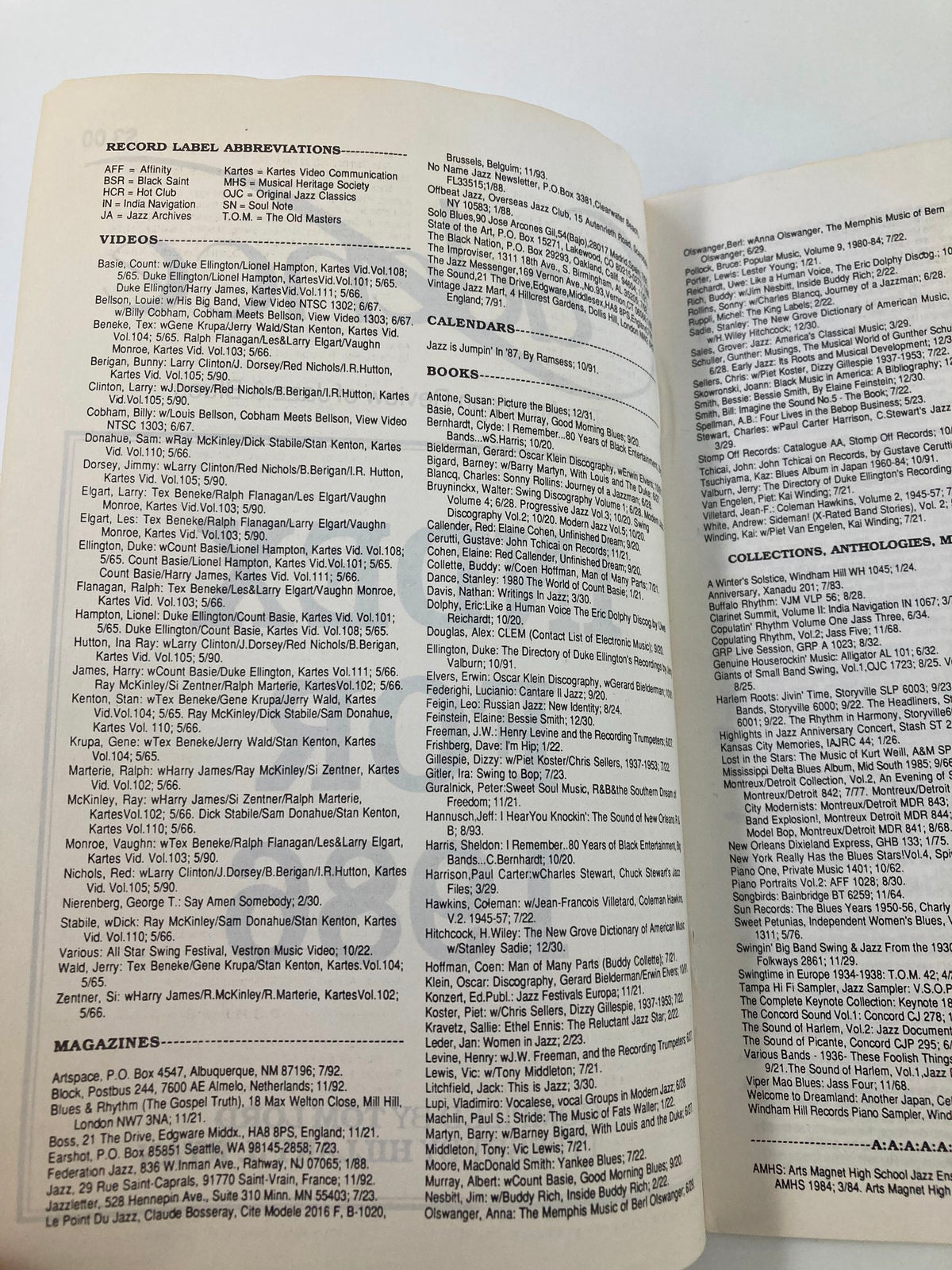 Interior page of Cadence Jazz Magazine Index for the Year 1986 compiled by Tom Lord. This page includes record label abbreviations and a detailed list of videos, calendars, and books related to jazz from 1986.