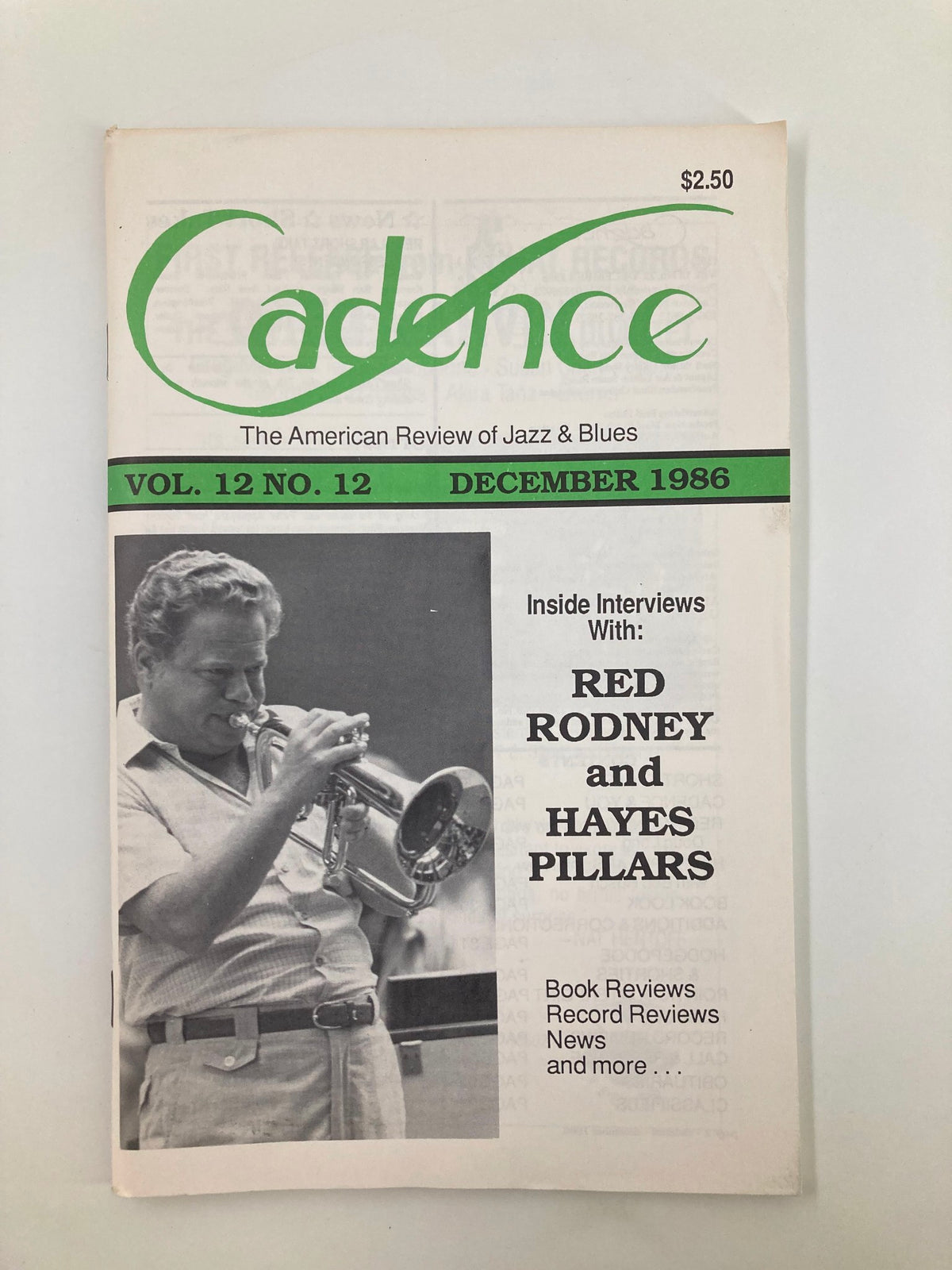 Cover of VTG Cadence Jazz Magazine December 1986 Vol 12 #12 featuring Red Rodney and Hayes Pillars with an image of Red Rodney playing the trumpet.