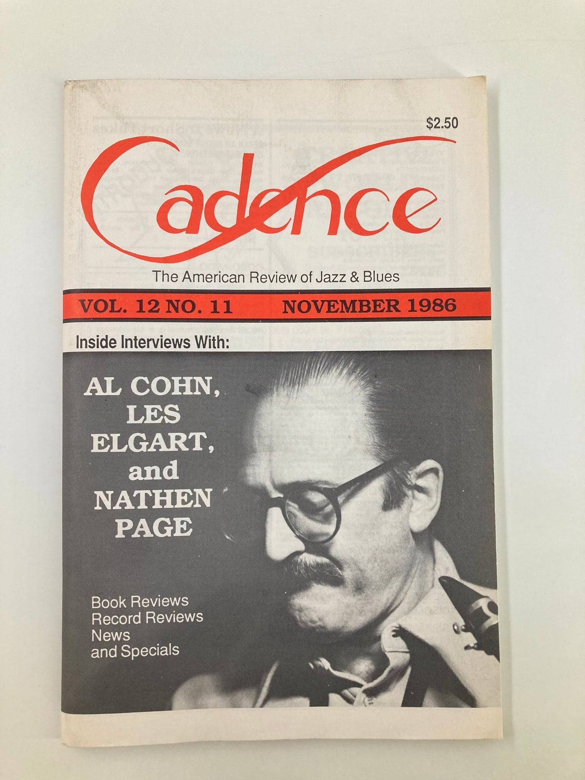 Cover of VTG Cadence Jazz Magazine November 1986, Volume 12 Issue 11 featuring interviews with Al Cohn, Les Elgart, and Nathen Page. The magazine includes jazz reviews and articles, prominently displaying the title 'Cadence'.